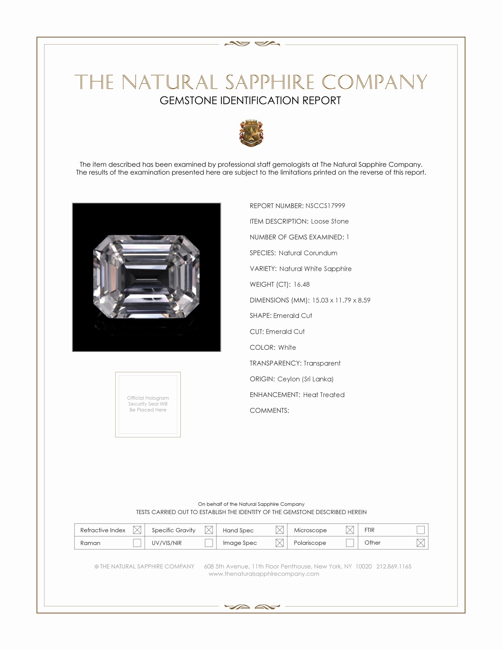 16.48 Ct. White Sapphire from Ceylon (Sri Lanka)