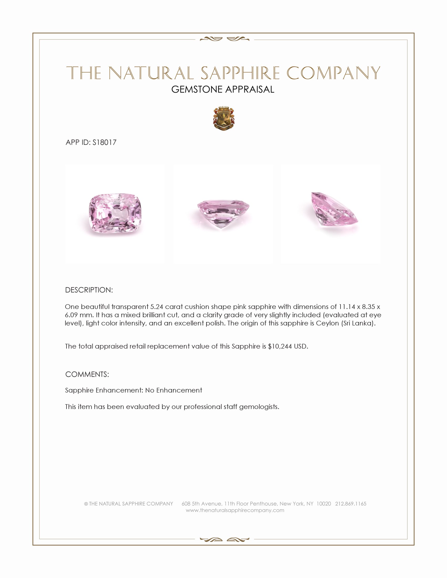 5.24 Ct. Pink Sapphire from Ceylon (Sri Lanka)
