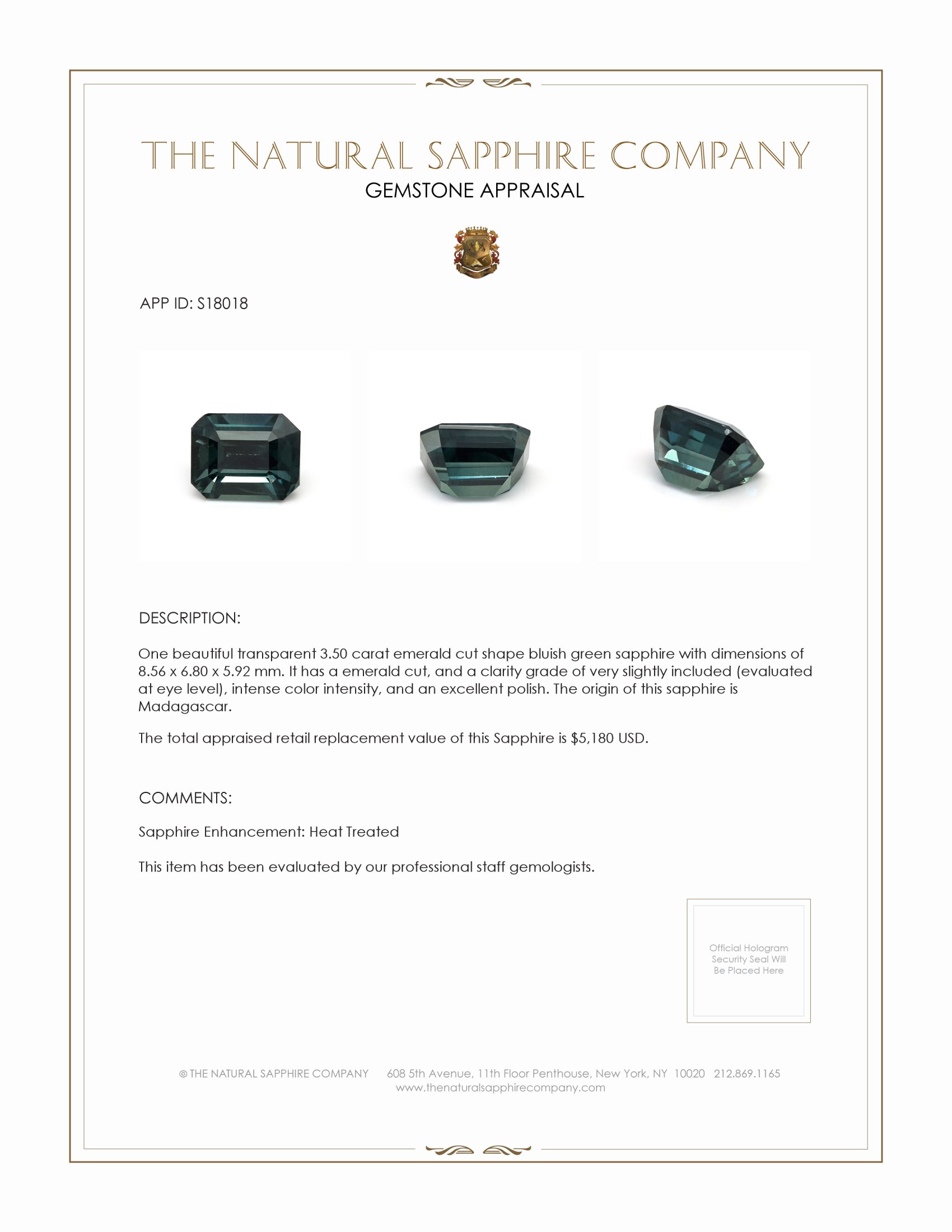 3.50 Ct. Bluish Green Sapphire from Madagascar