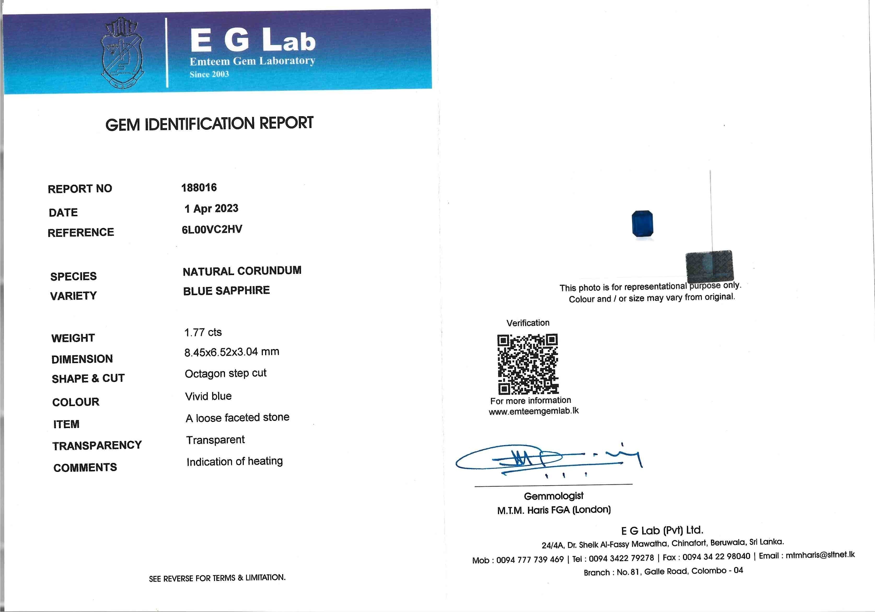 1.77 Ct. Blue Sapphire from Ceylon (Sri Lanka)