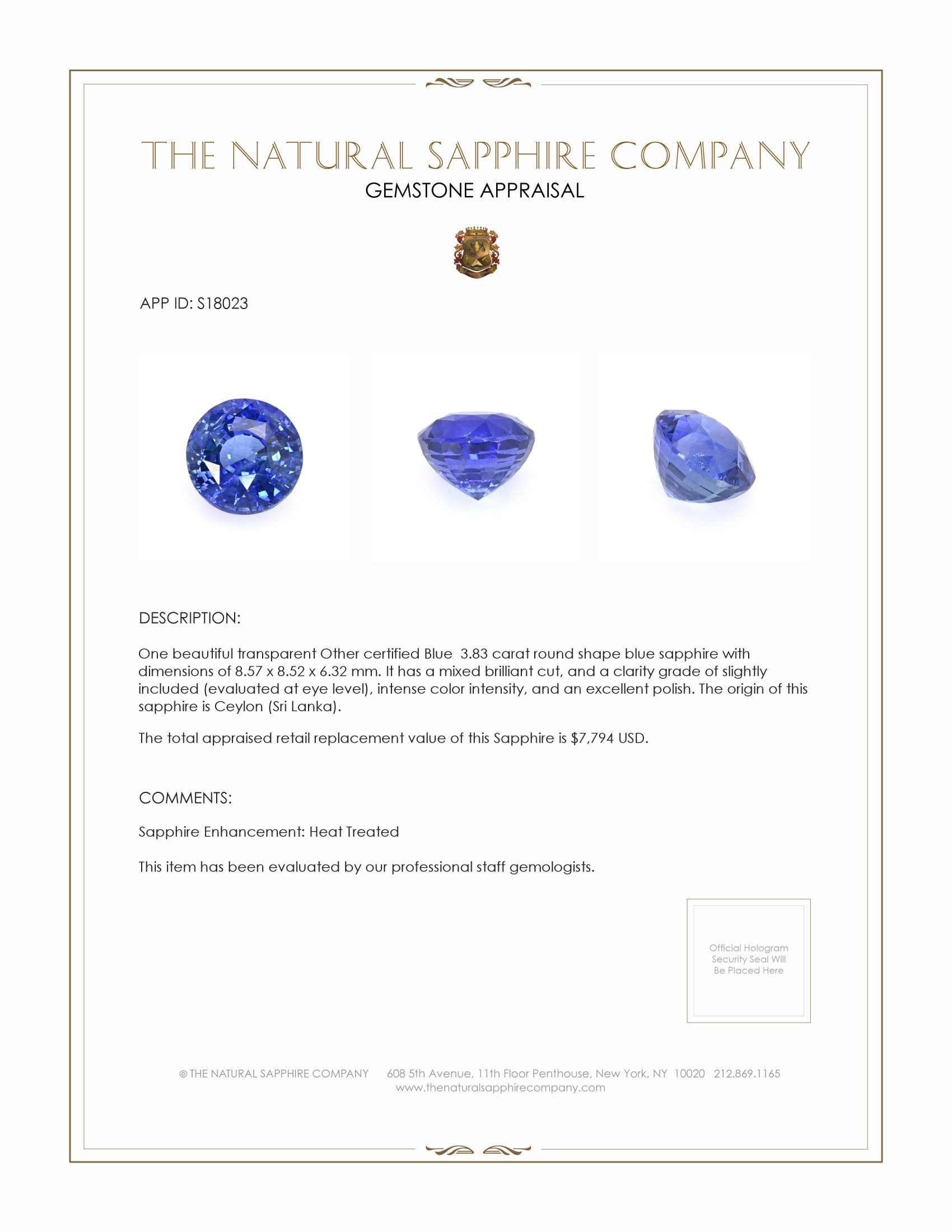 3.83 Ct. Blue Sapphire from Ceylon (Sri Lanka)