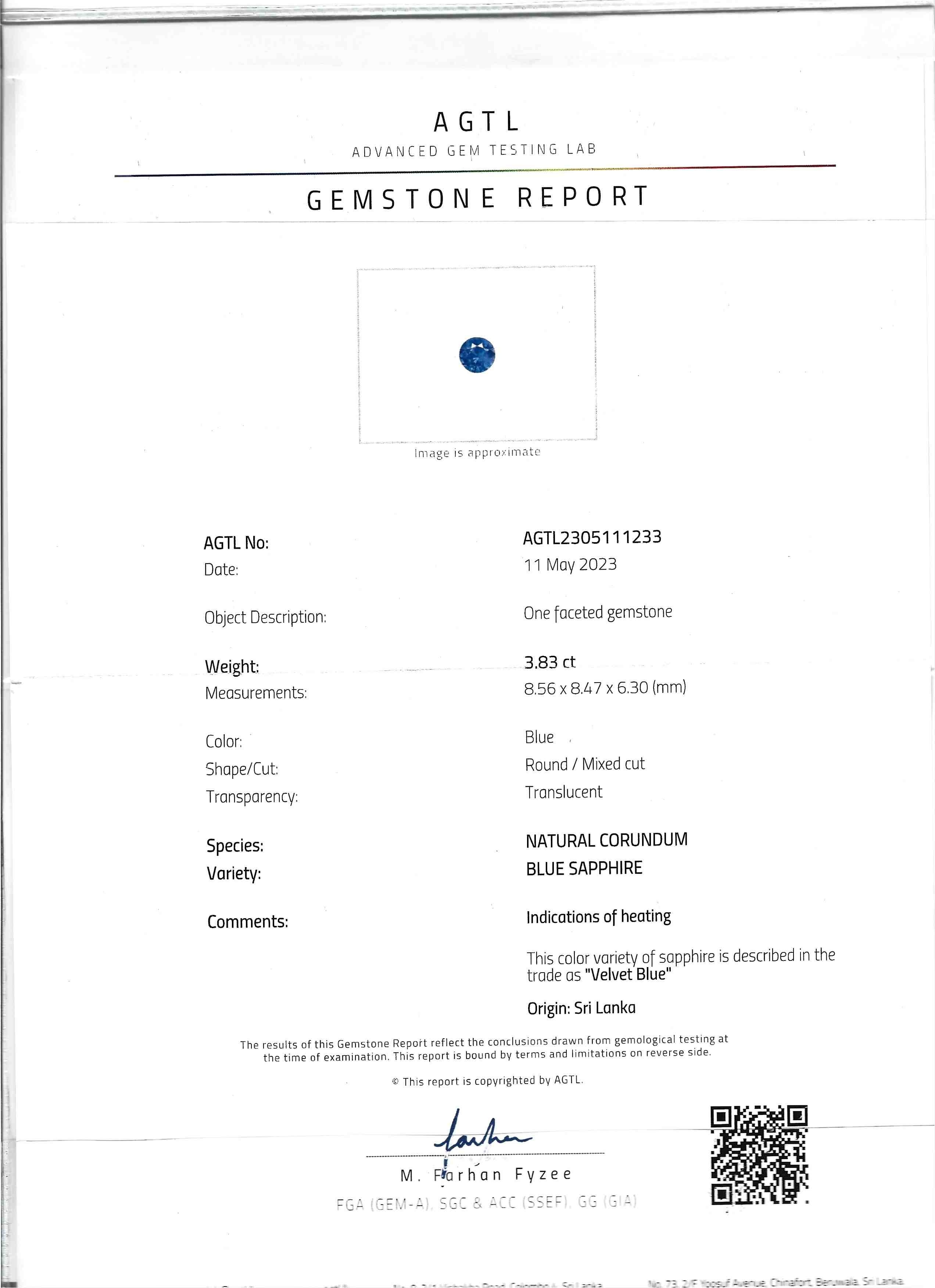 3.83 Ct. Blue Sapphire from Ceylon (Sri Lanka)