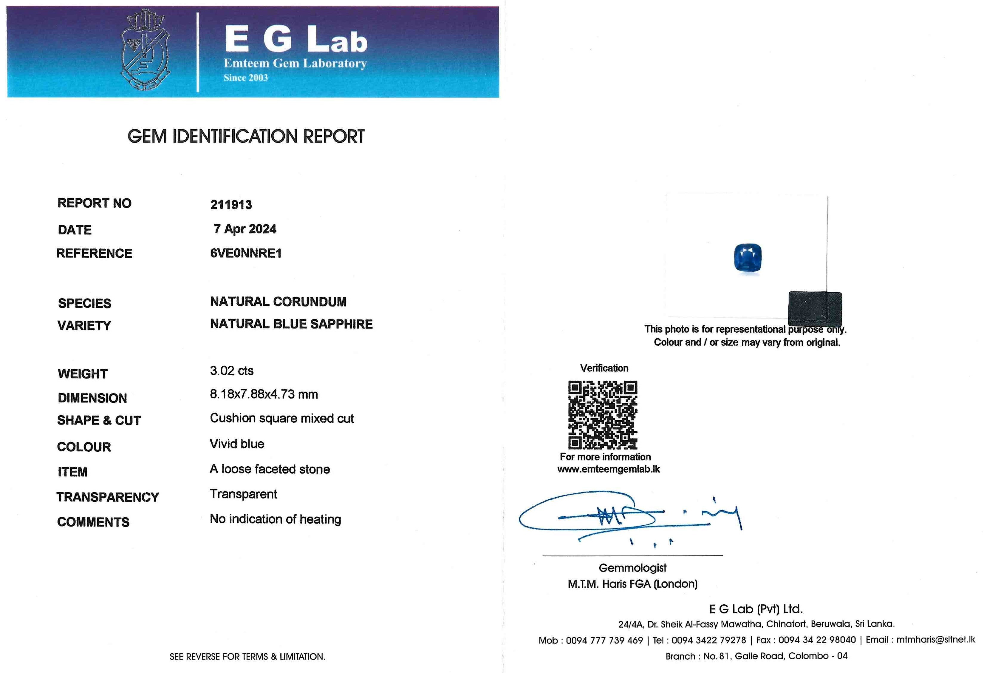 3.02 Ct. Blue Sapphire from Ceylon (Sri Lanka)