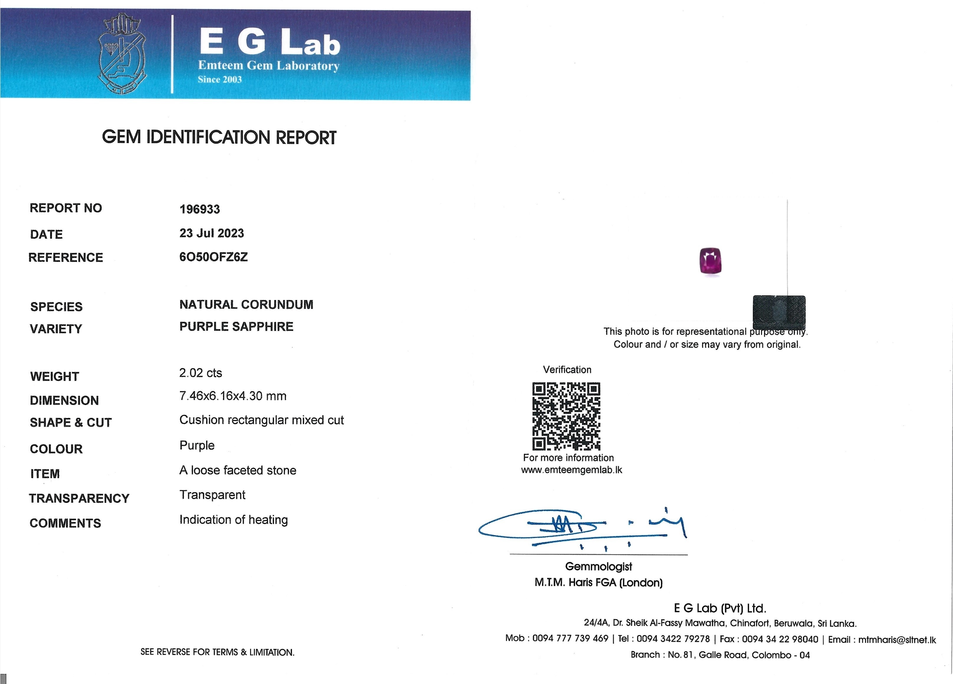 2.02 Ct. Purple Sapphire from Ceylon (Sri Lanka)