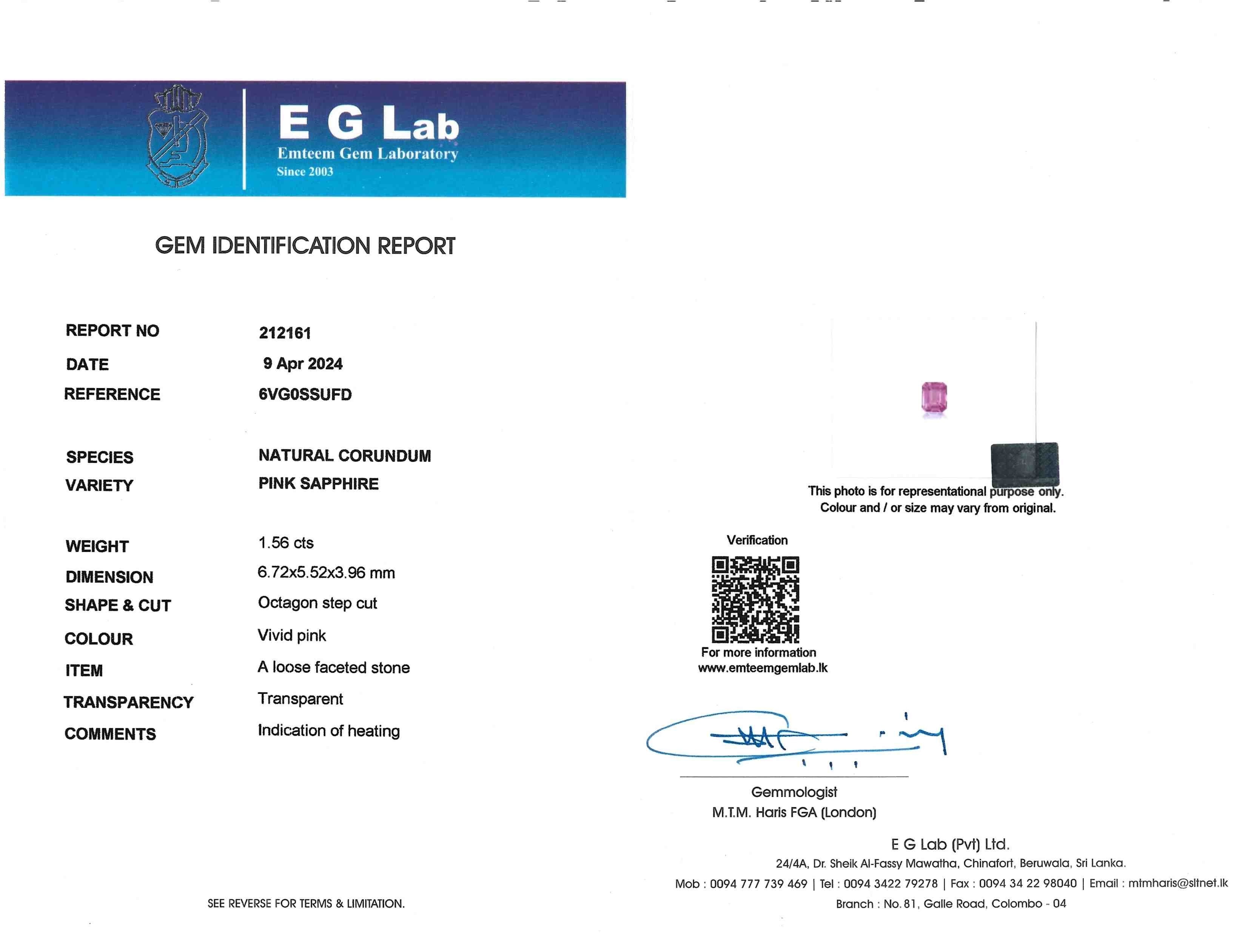 1.56 Ct. Pink Sapphire from Ceylon (Sri Lanka)