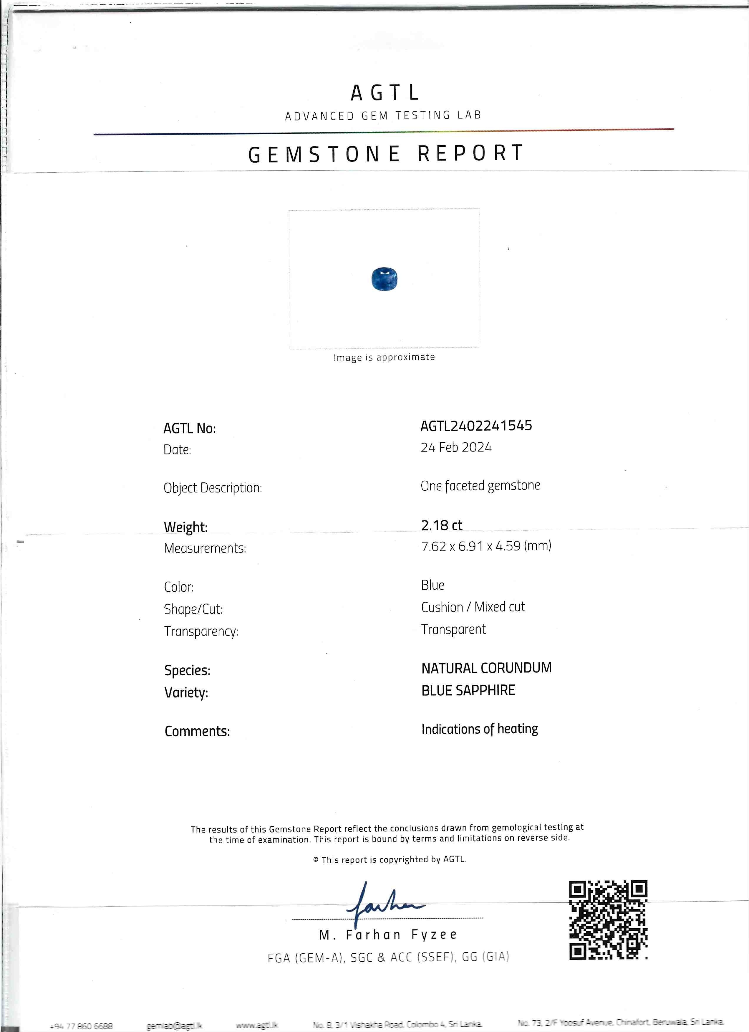 2.18 Ct. Blue Sapphire from Ceylon (Sri Lanka)