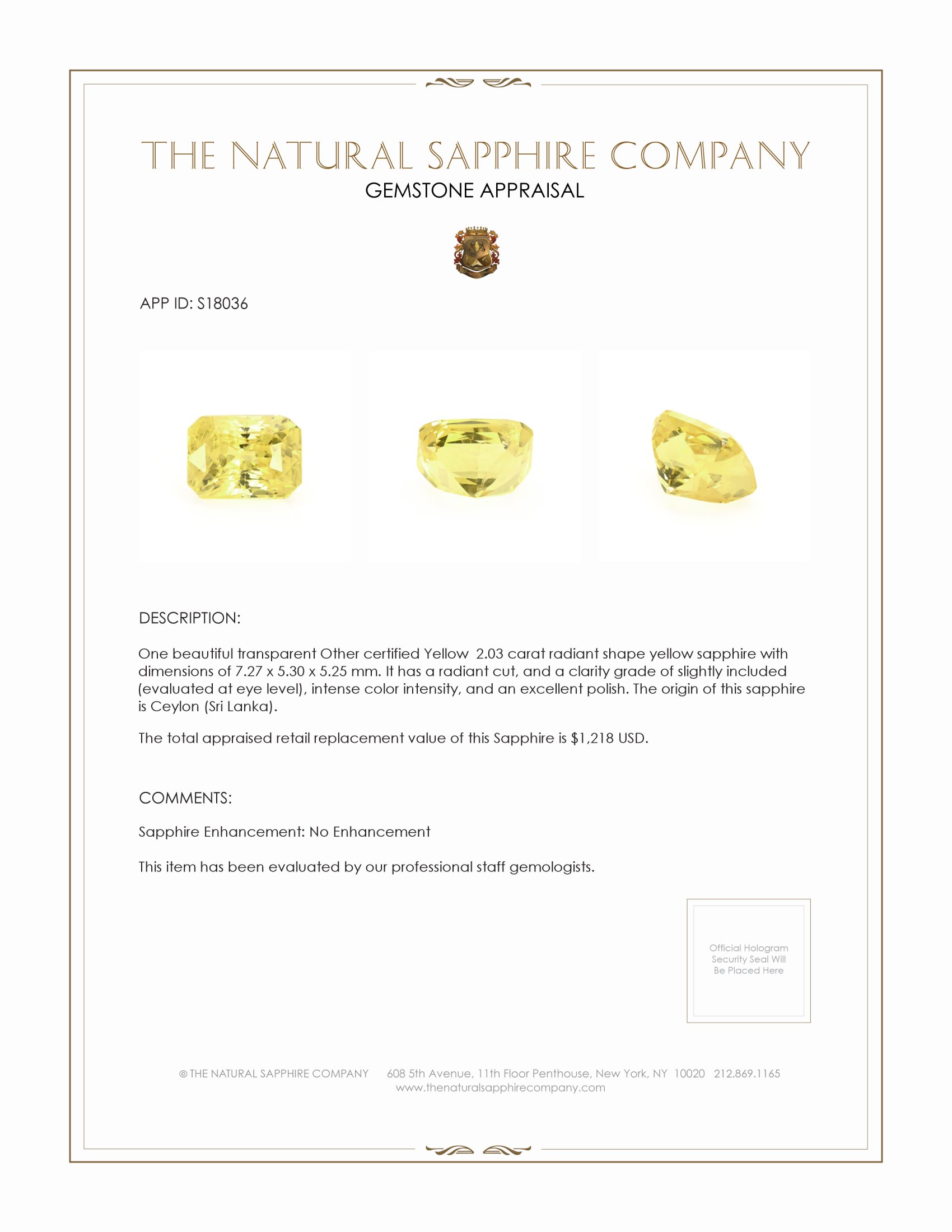 2.03 Ct. Yellow Sapphire from Ceylon (Sri Lanka)
