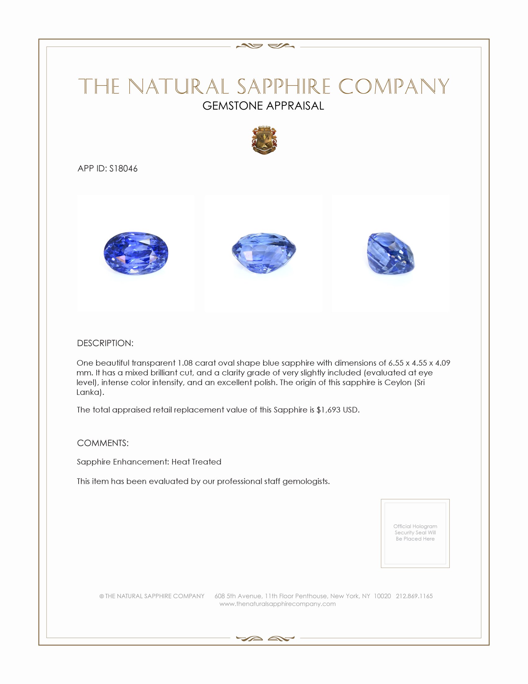 1.08 Ct. Blue Sapphire from Ceylon (Sri Lanka)
