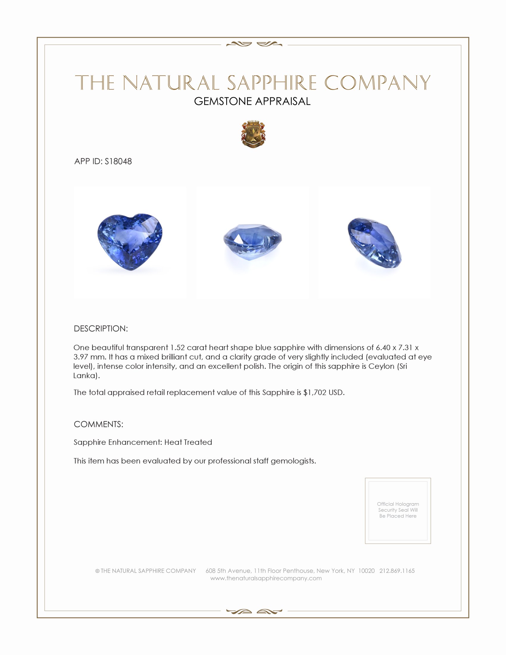 1.52 Ct. Blue Sapphire from Ceylon (Sri Lanka)