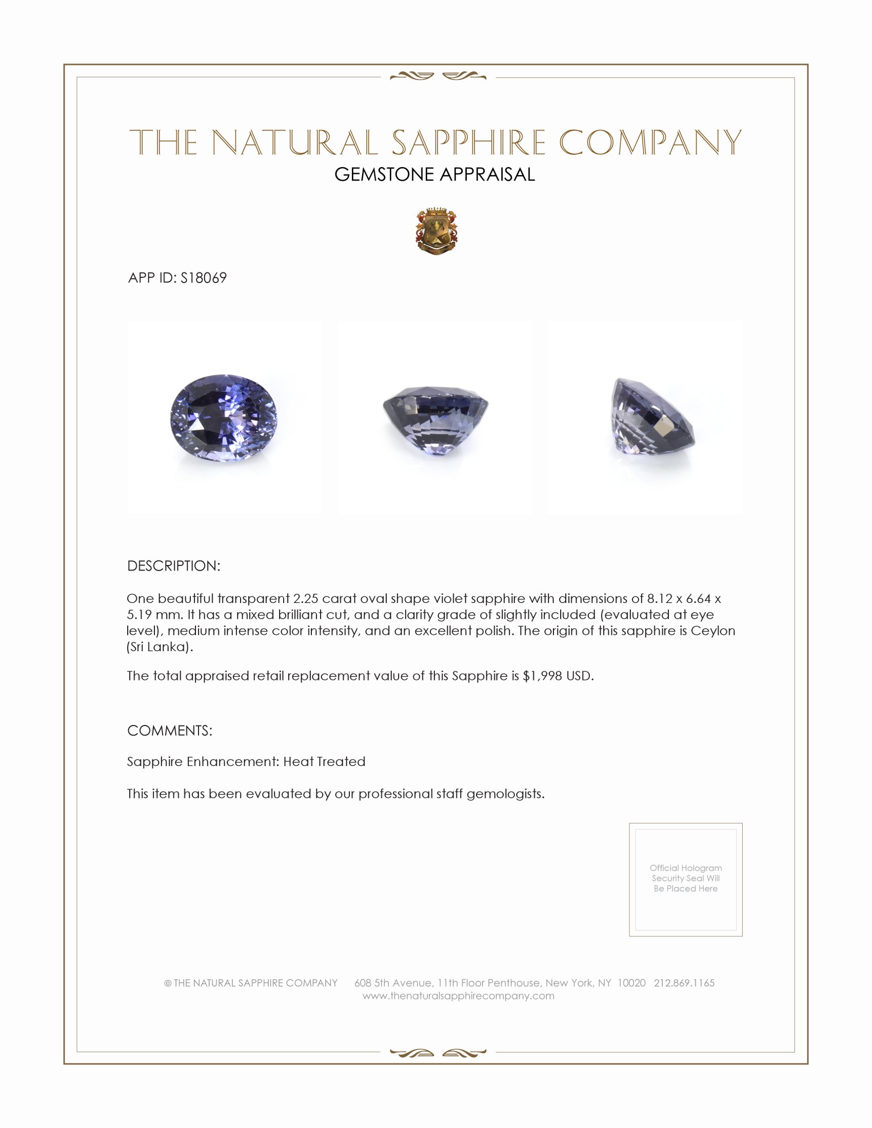 2.25 Ct. Violet Sapphire from Ceylon (Sri Lanka)