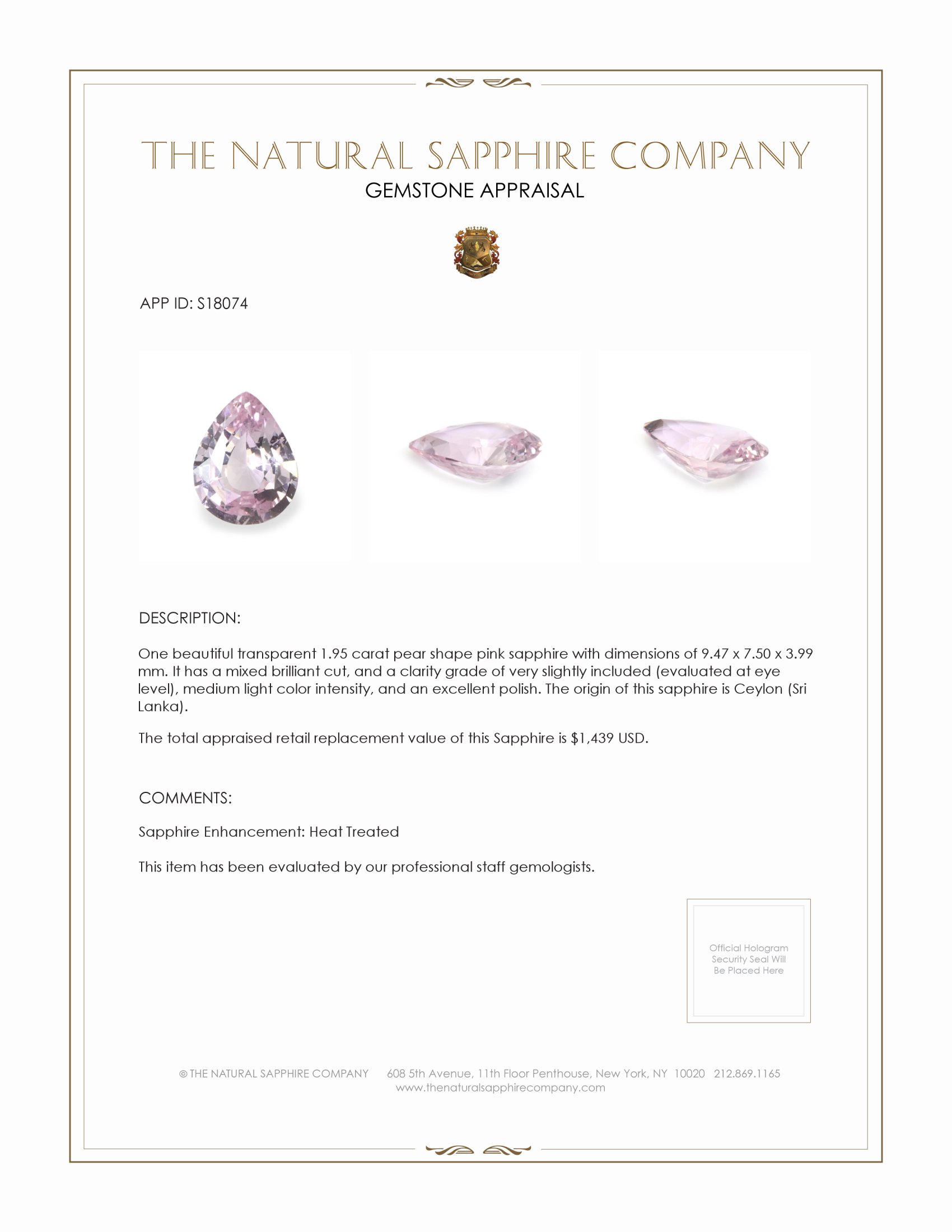 1.95 Ct. Pink Sapphire from Ceylon (Sri Lanka)