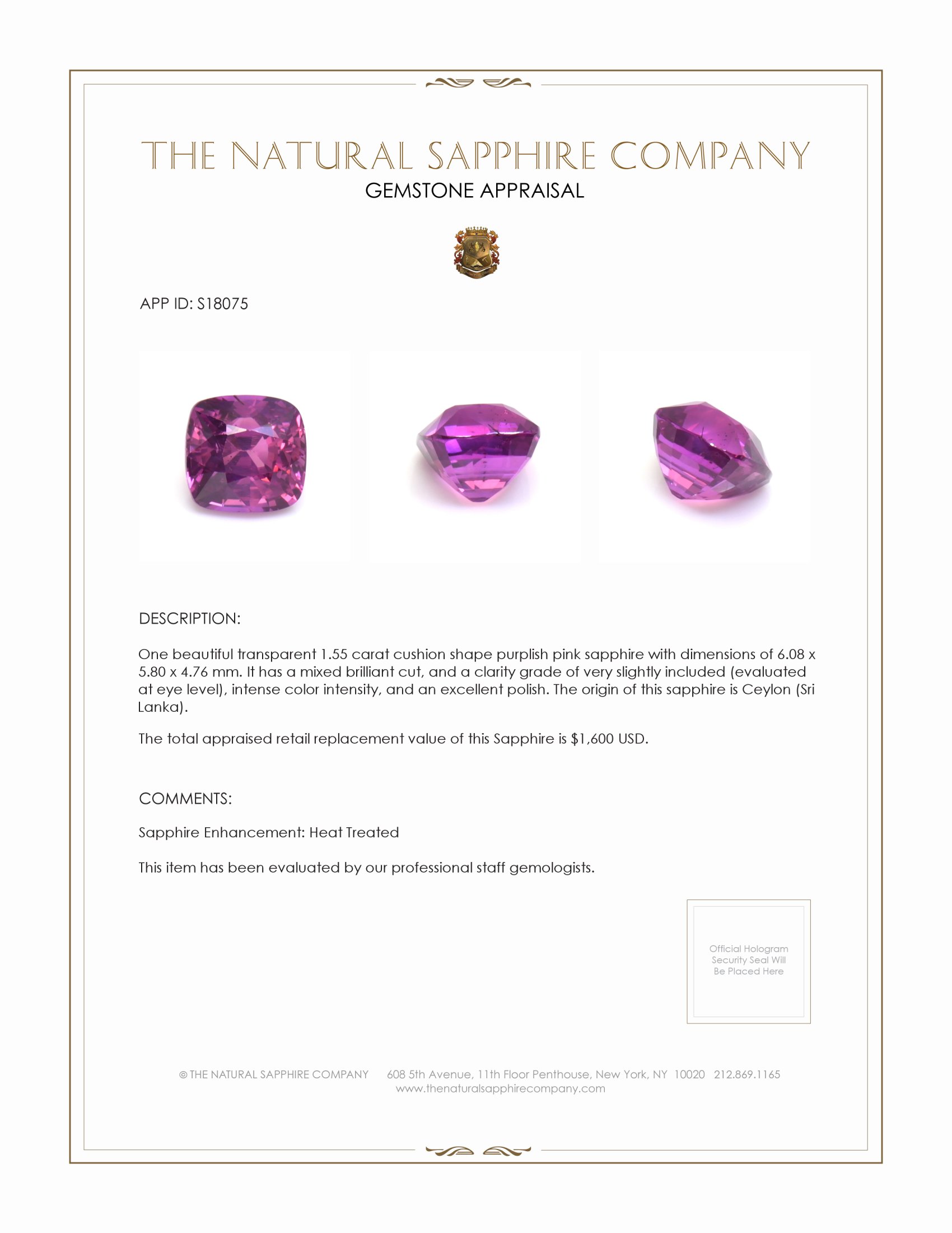 1.55 Ct. Purplish Pink Sapphire from Ceylon (Sri Lanka)