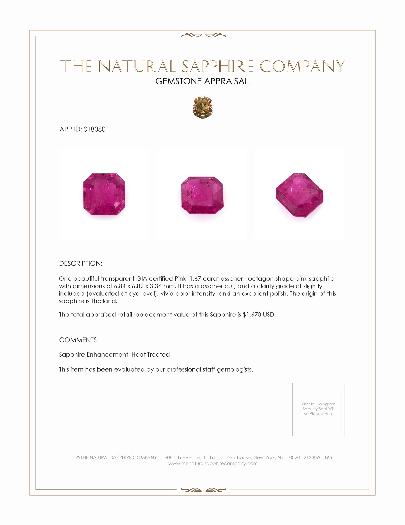 1.67 Ct. Pink Sapphire from Thailand