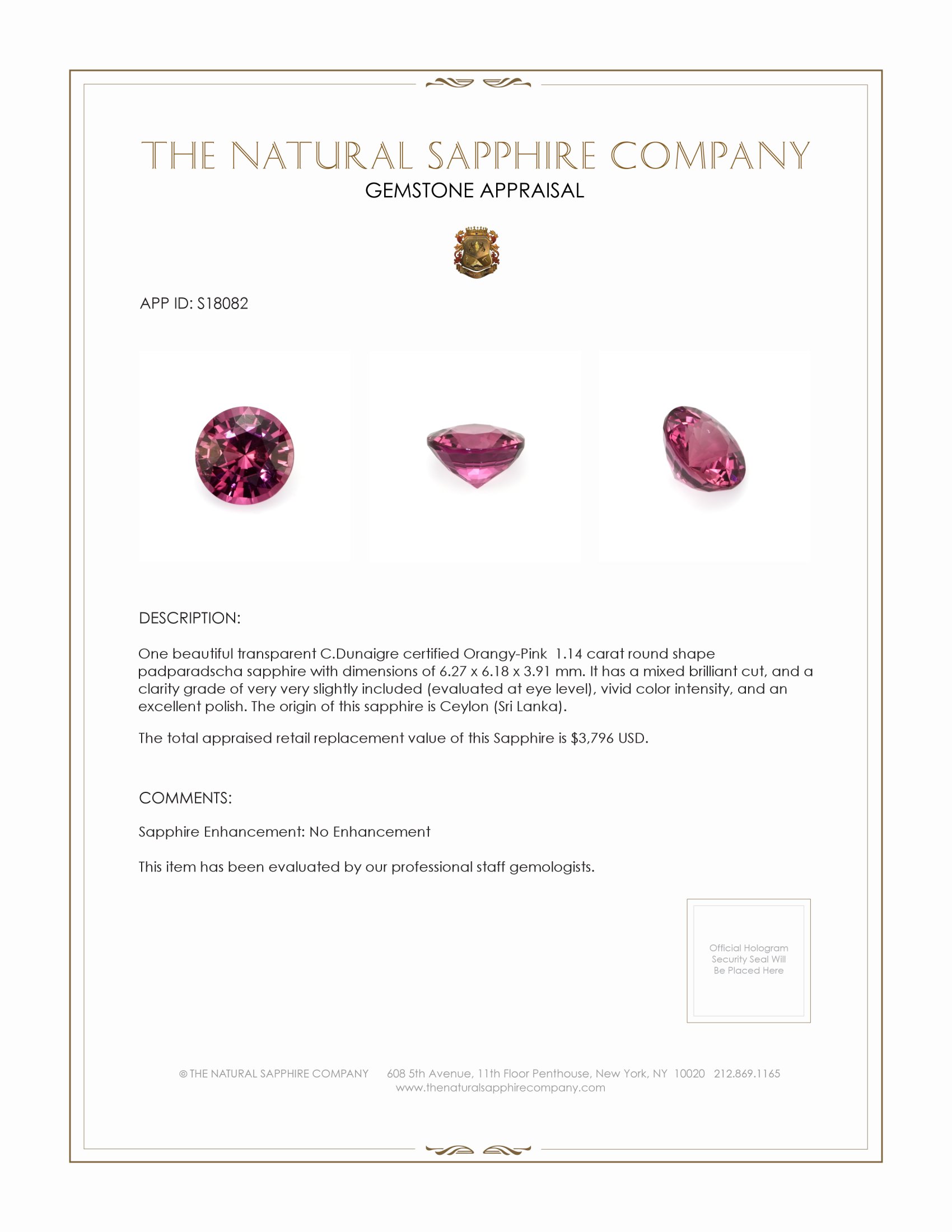 1.14 Ct. Padparadscha Sapphire from Ceylon (Sri Lanka)