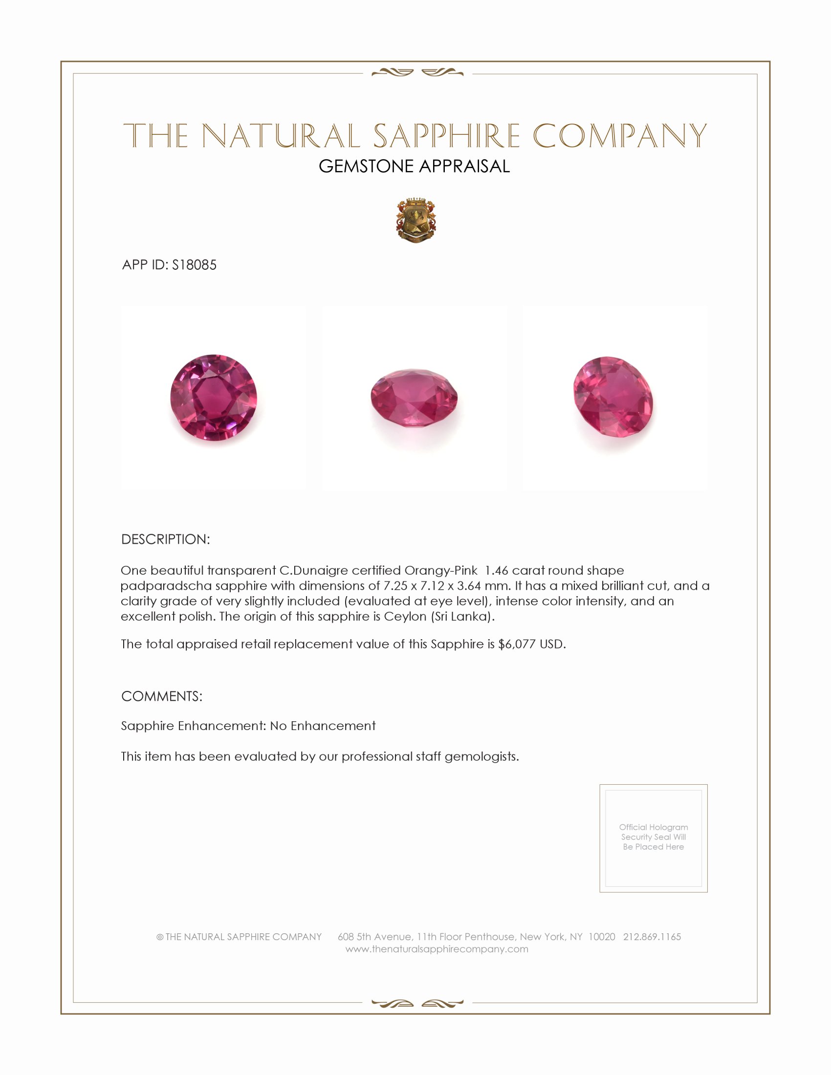 1.46 Ct. Padparadscha Sapphire from Ceylon (Sri Lanka)