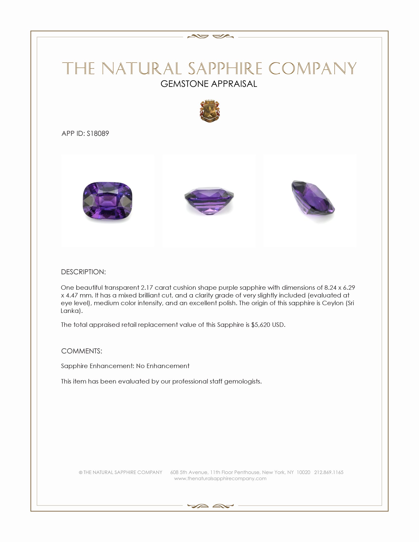 2.17 Ct. Purple Sapphire from Ceylon (Sri Lanka)