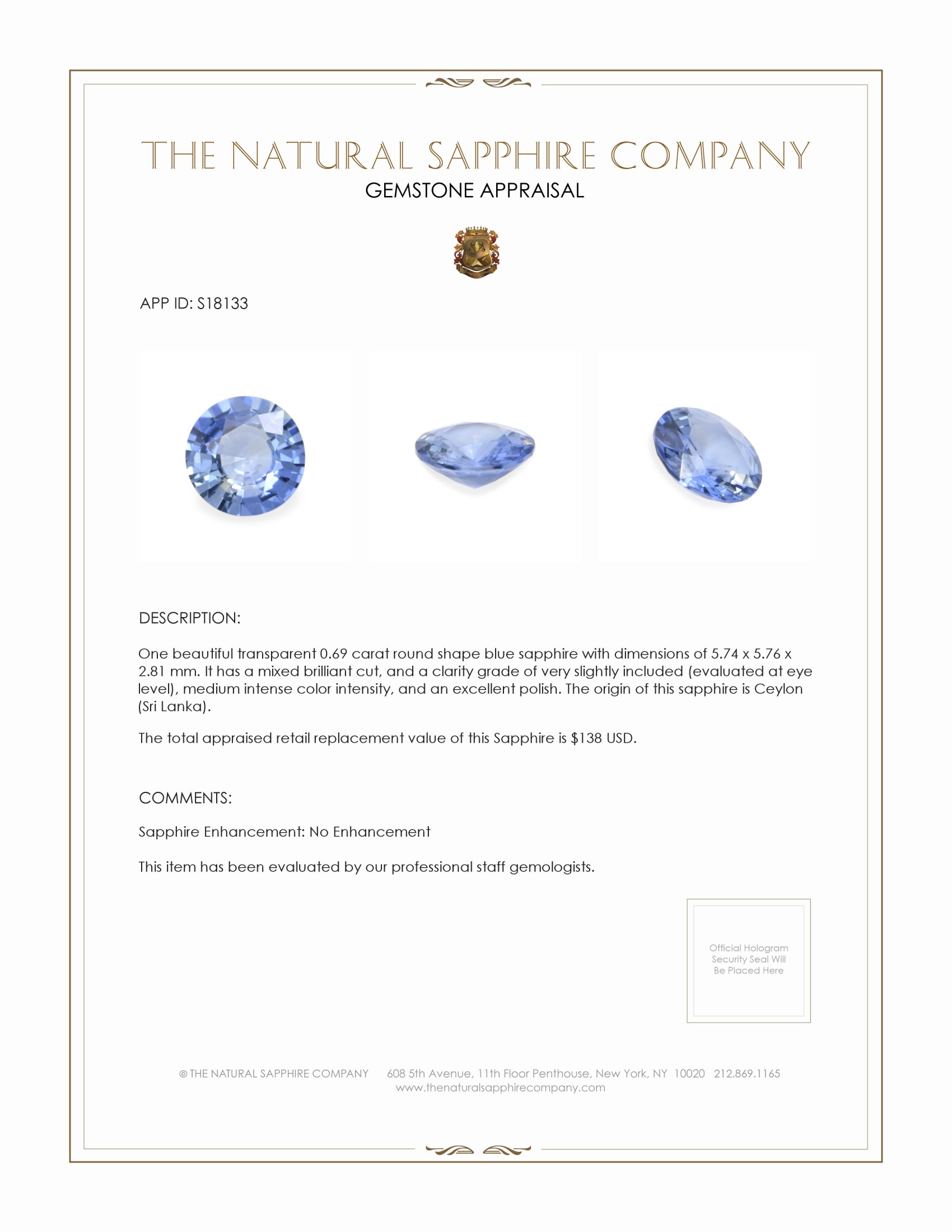 0.69 Ct. Blue Sapphire from Ceylon (Sri Lanka)