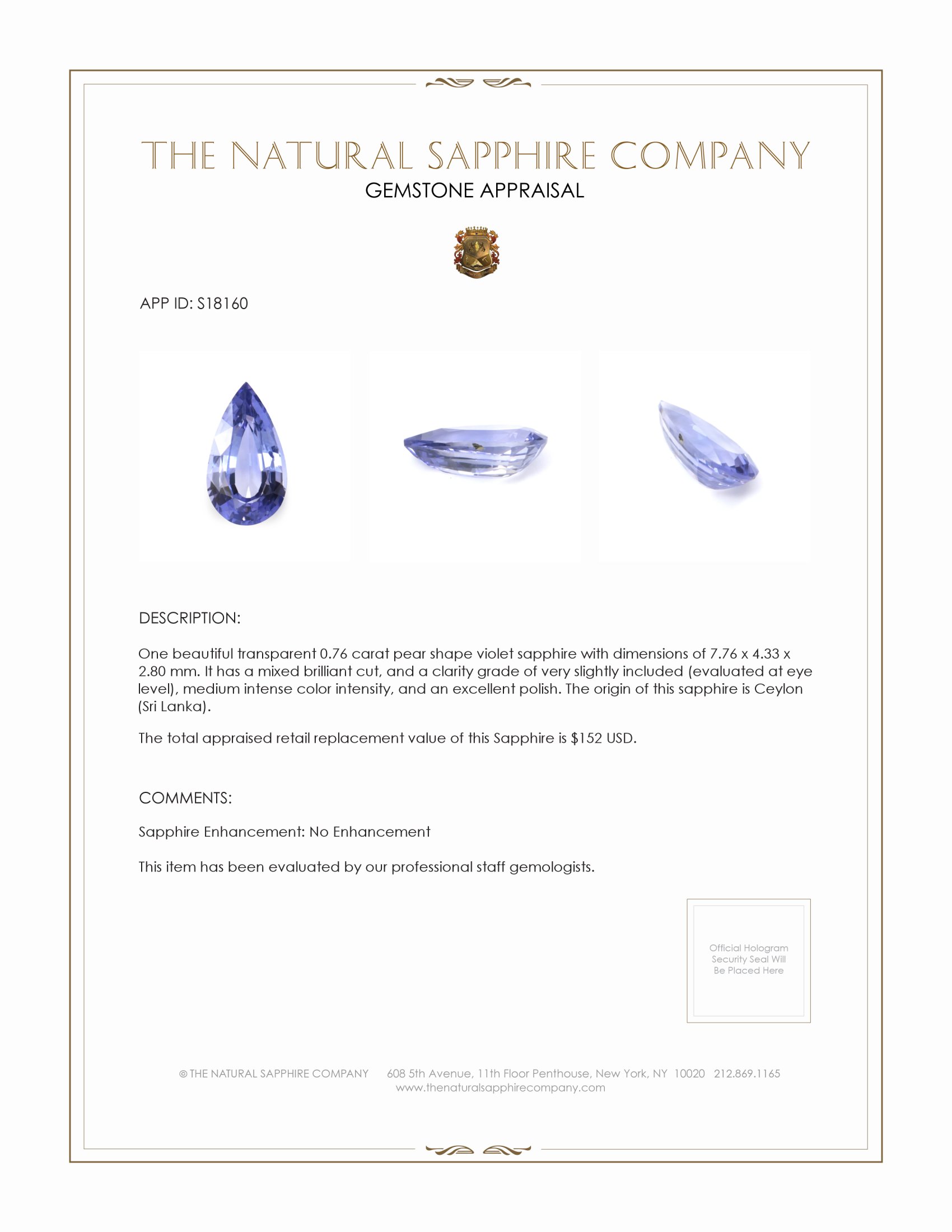 0.76 Ct. Violet Sapphire from Ceylon (Sri Lanka)
