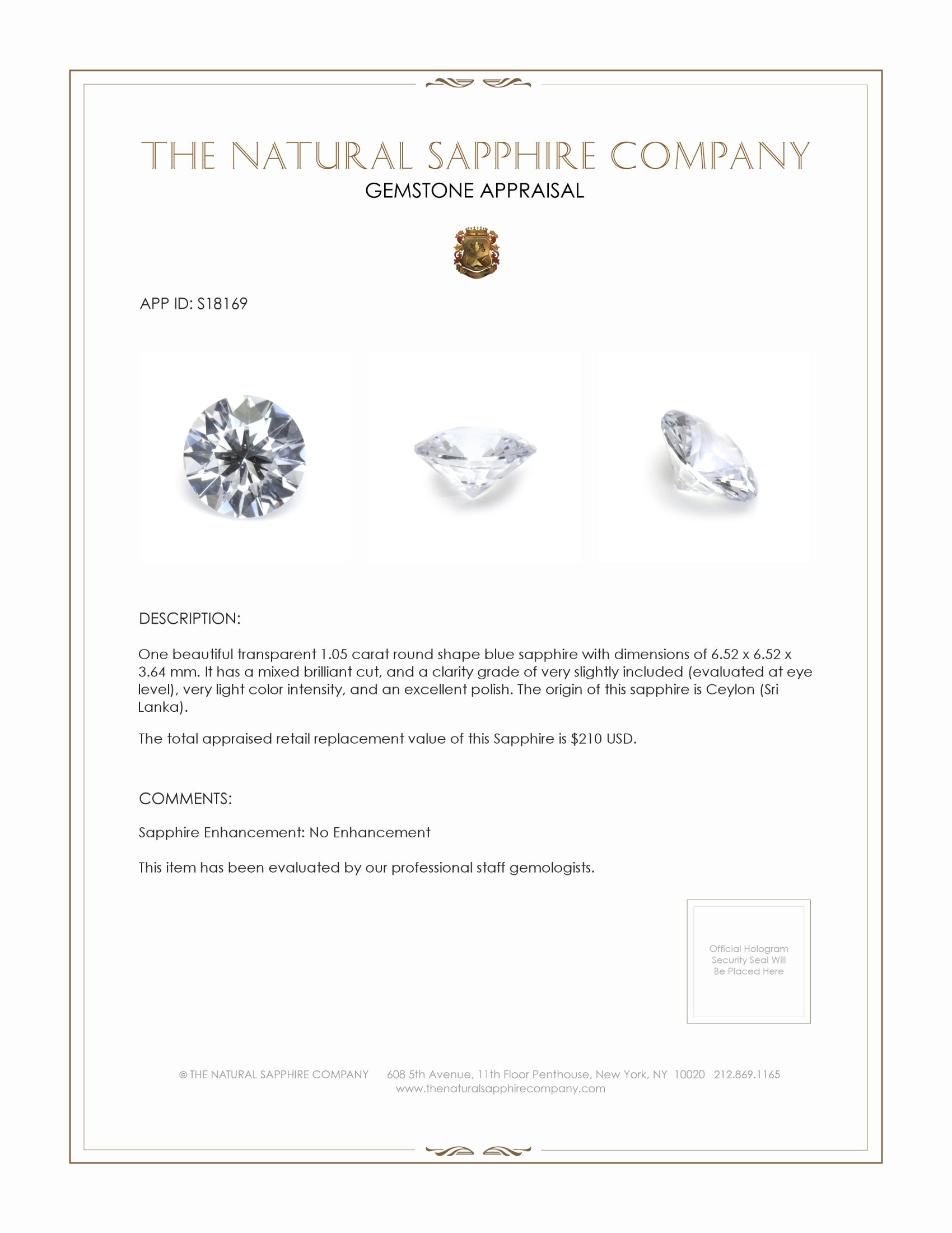 1.05 Ct. Blue Sapphire from Ceylon (Sri Lanka)