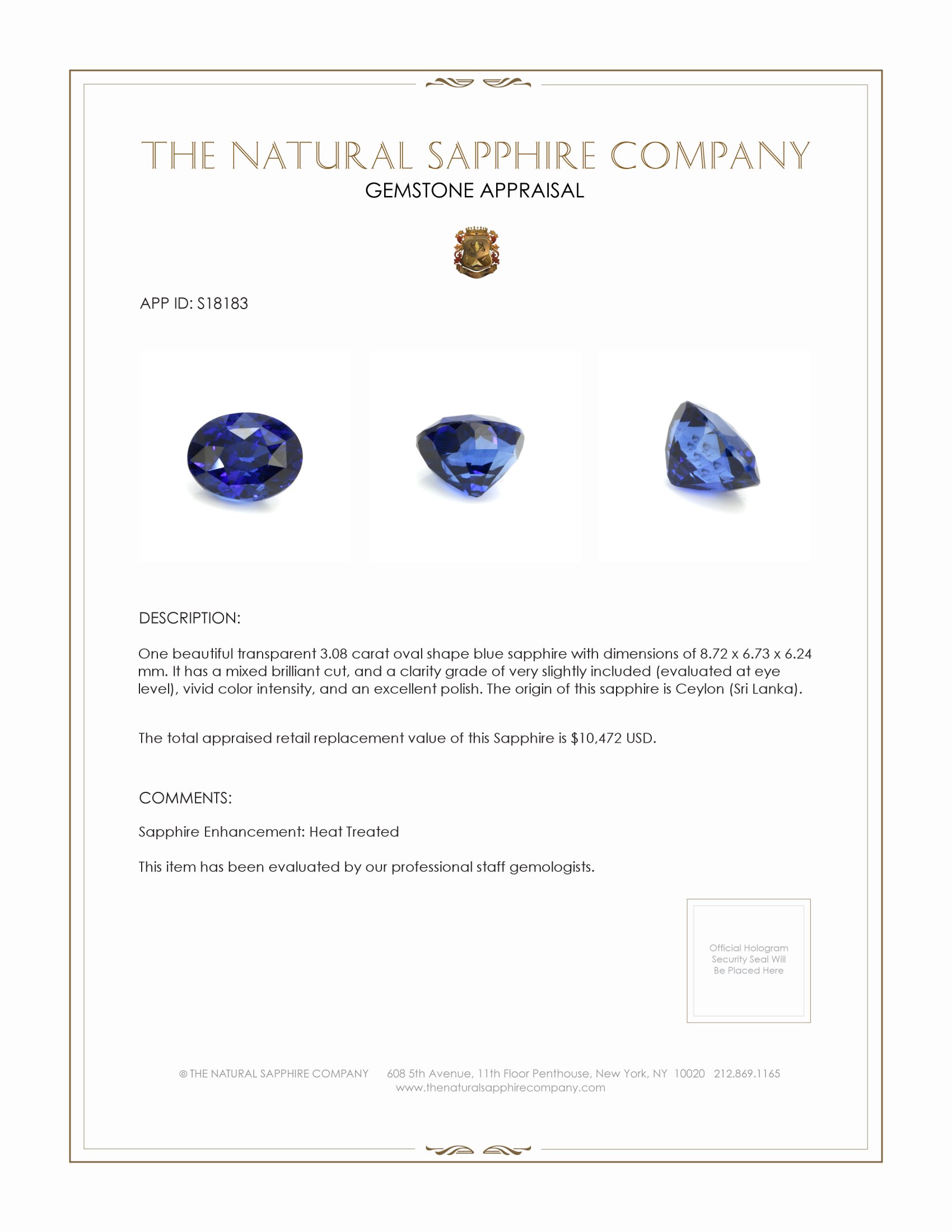 3.08 Ct. Blue Sapphire from Ceylon (Sri Lanka)