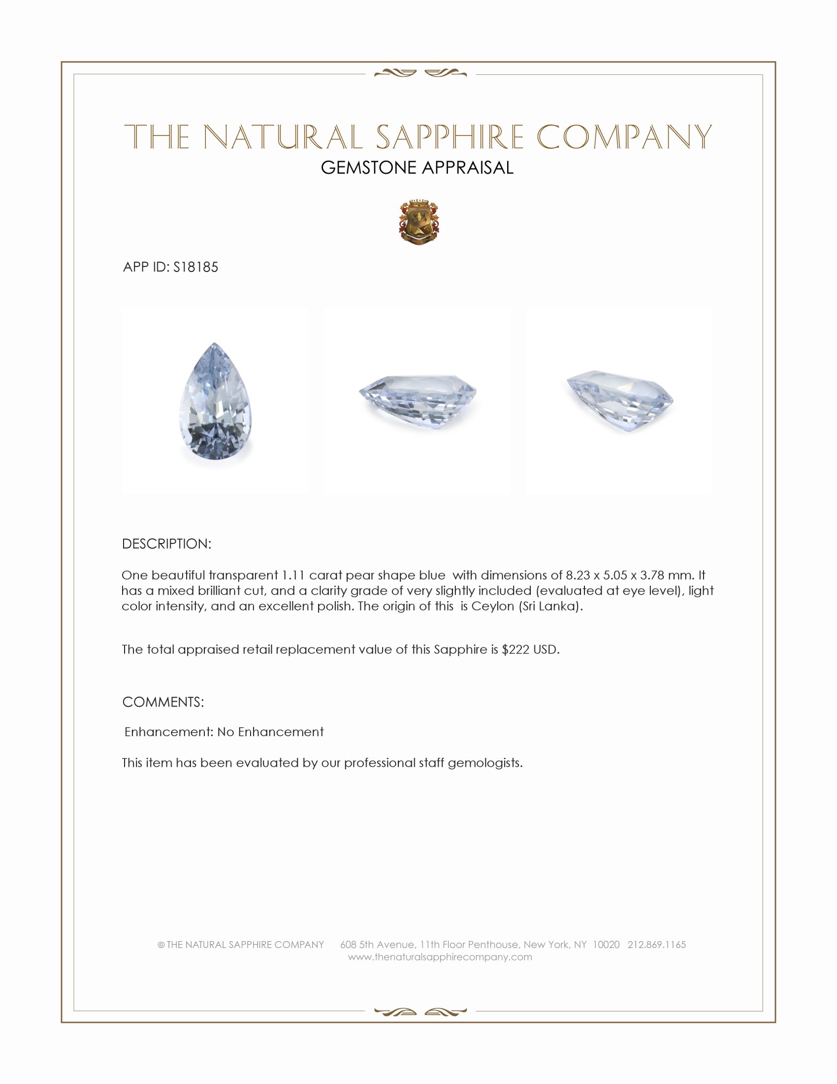 1.11 Ct. Blue Sapphire from Ceylon (Sri Lanka)