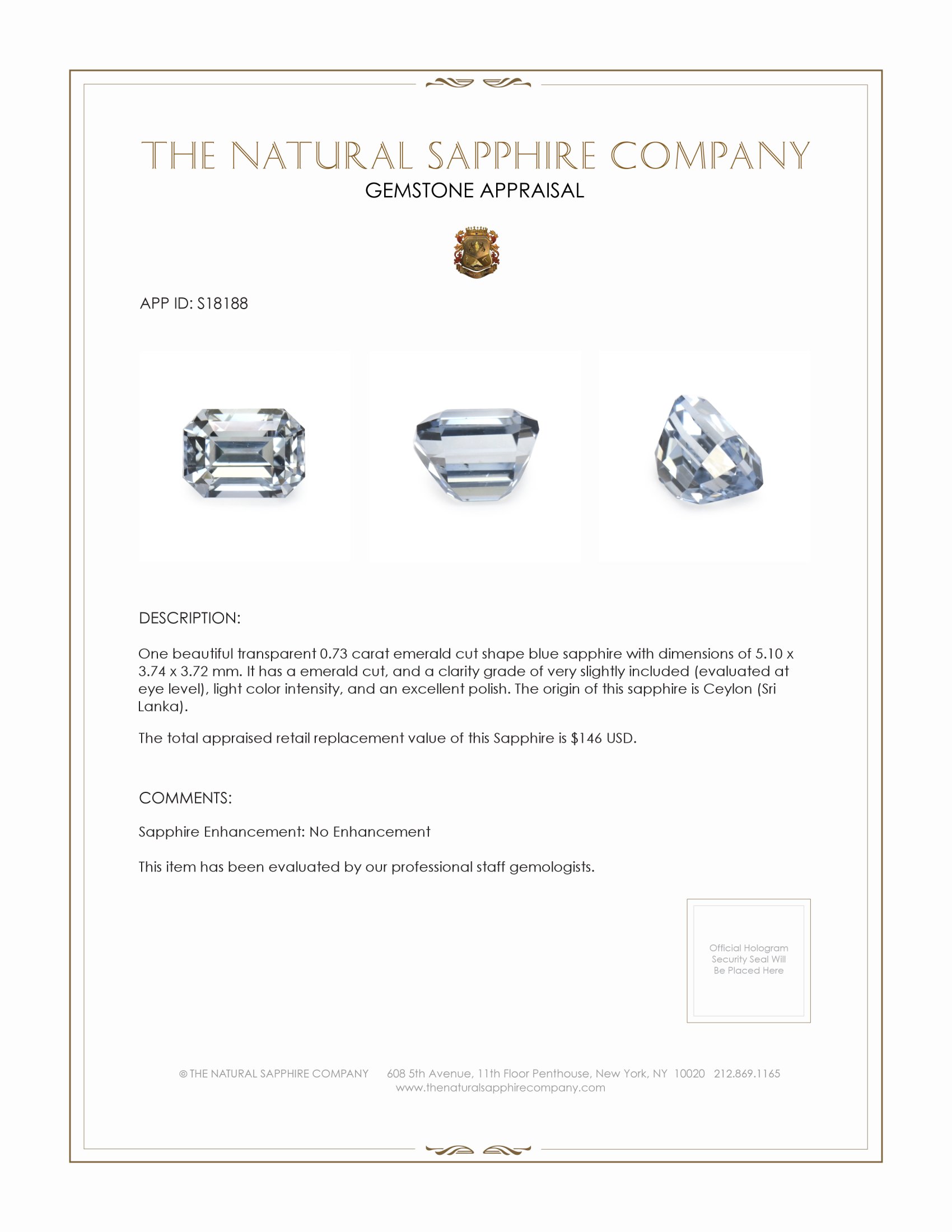 0.73 Ct. Blue Sapphire from Ceylon (Sri Lanka)