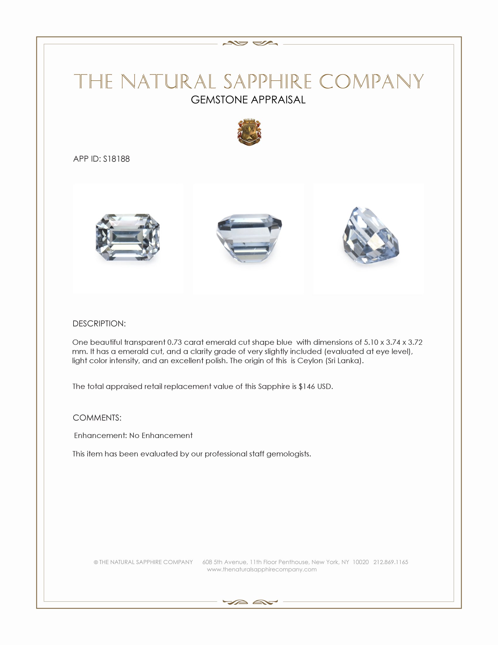 0.73 Ct. Blue Sapphire from Ceylon (Sri Lanka)