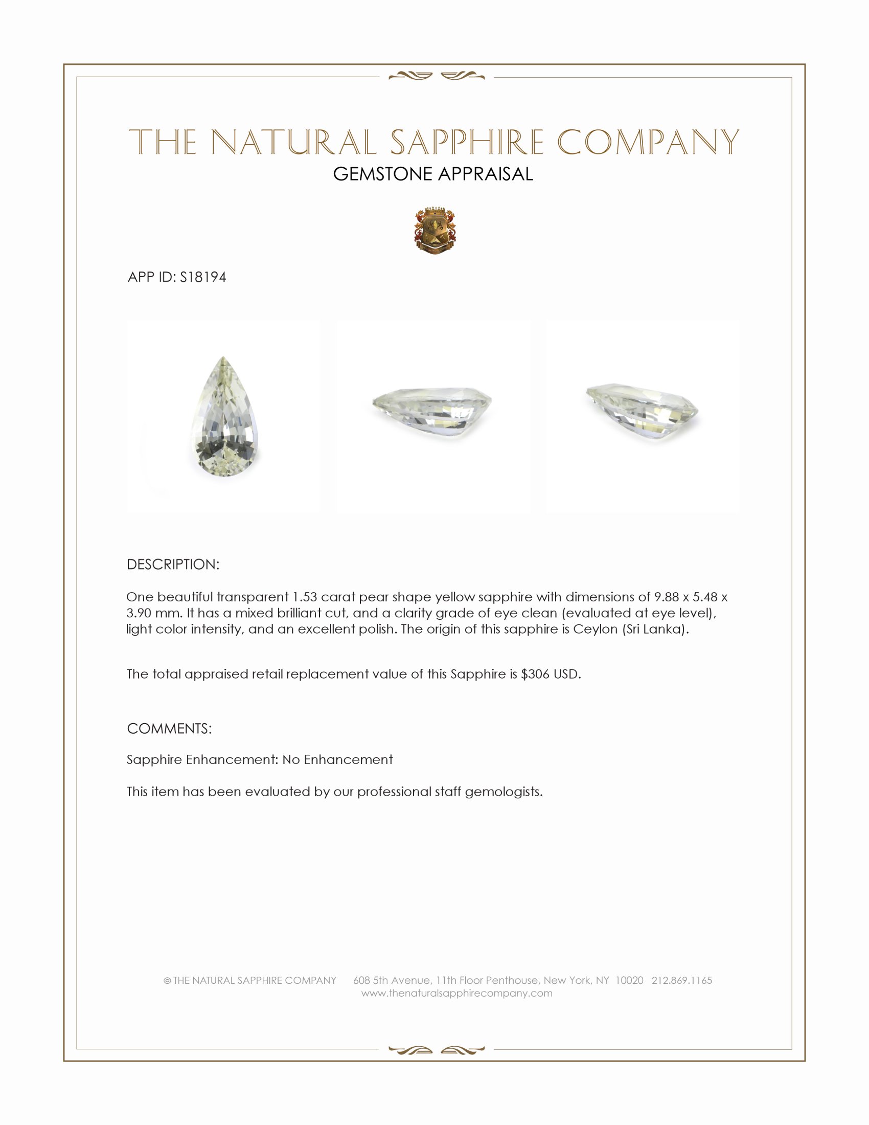 1.53 Ct. Yellow Sapphire from Ceylon (Sri Lanka)