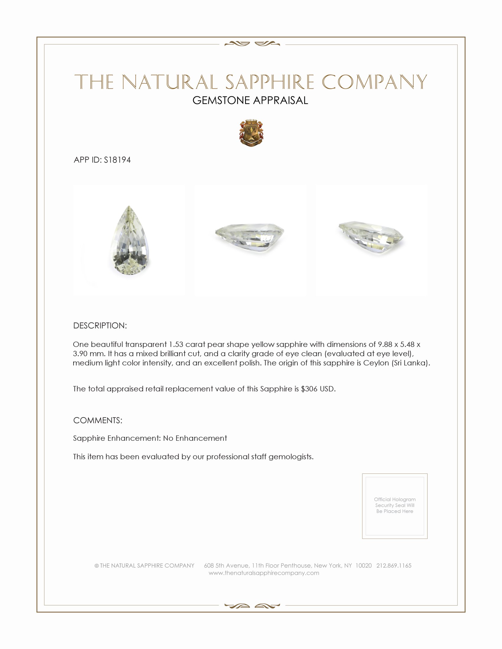 1.53 Ct. Yellow Sapphire from Ceylon (Sri Lanka)