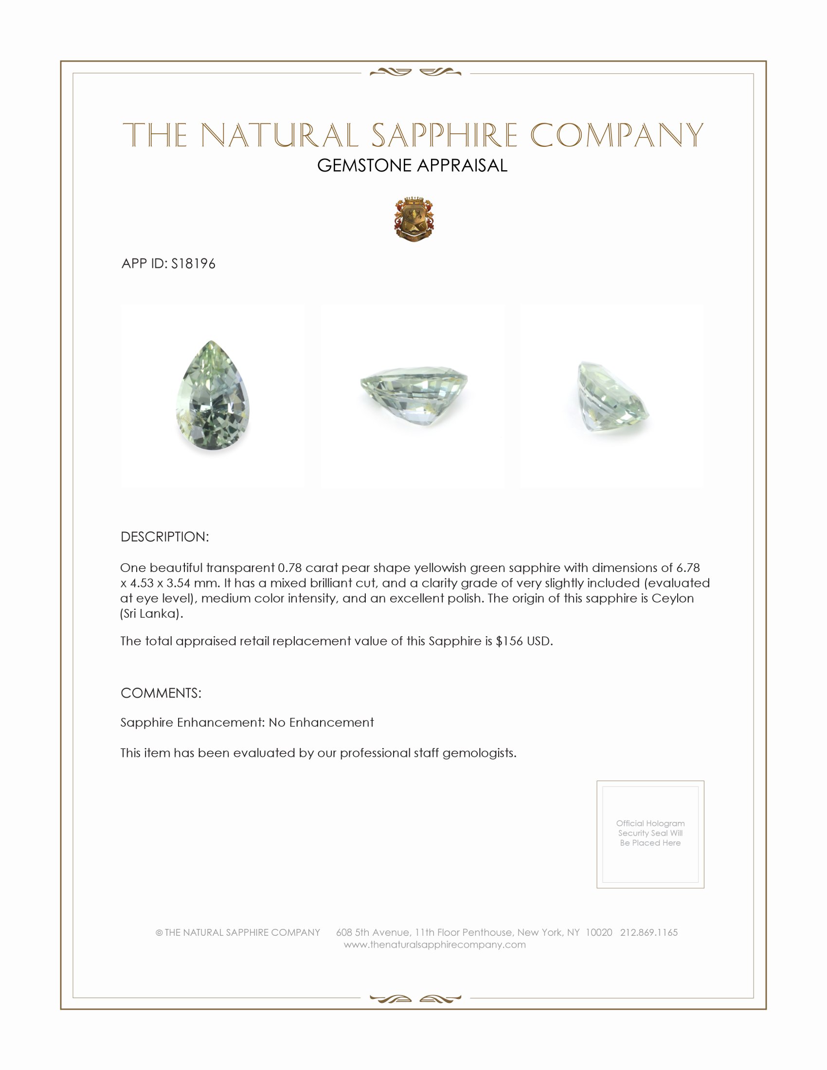 0.78 Ct. Yellowish Green Sapphire from Ceylon (Sri Lanka)