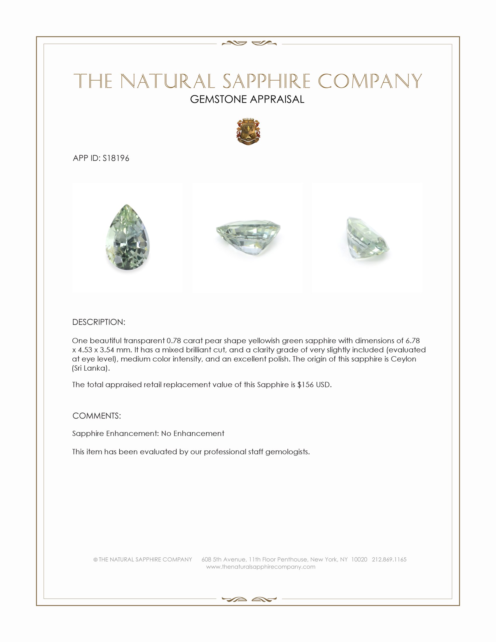 0.78 Ct. Yellowish Green Sapphire from Ceylon (Sri Lanka)