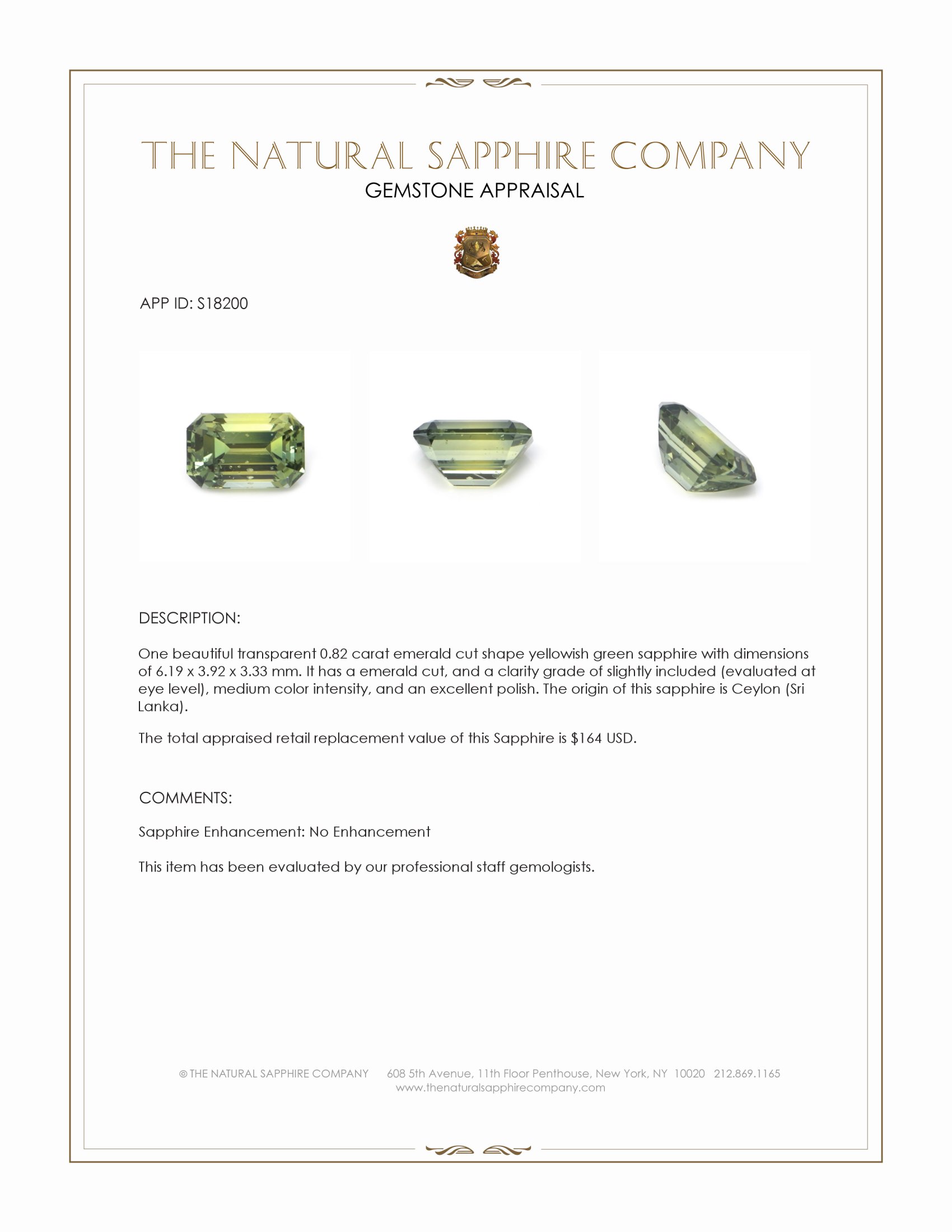 0.82 Ct. Yellowish Green Sapphire from Ceylon (Sri Lanka)