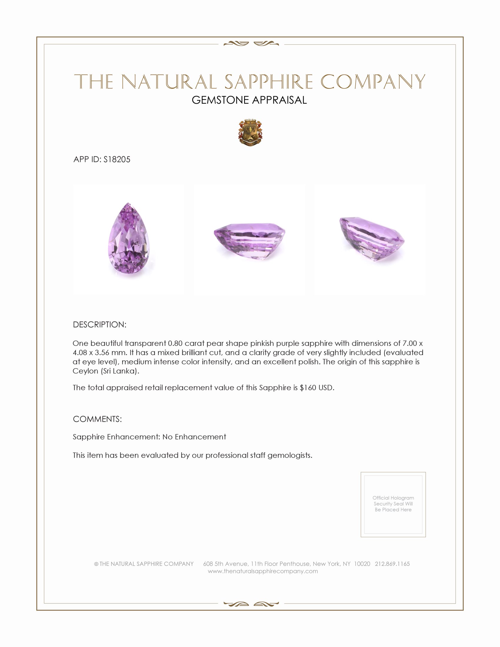 0.80 Ct. Pinkish Purple Sapphire from Ceylon (Sri Lanka)