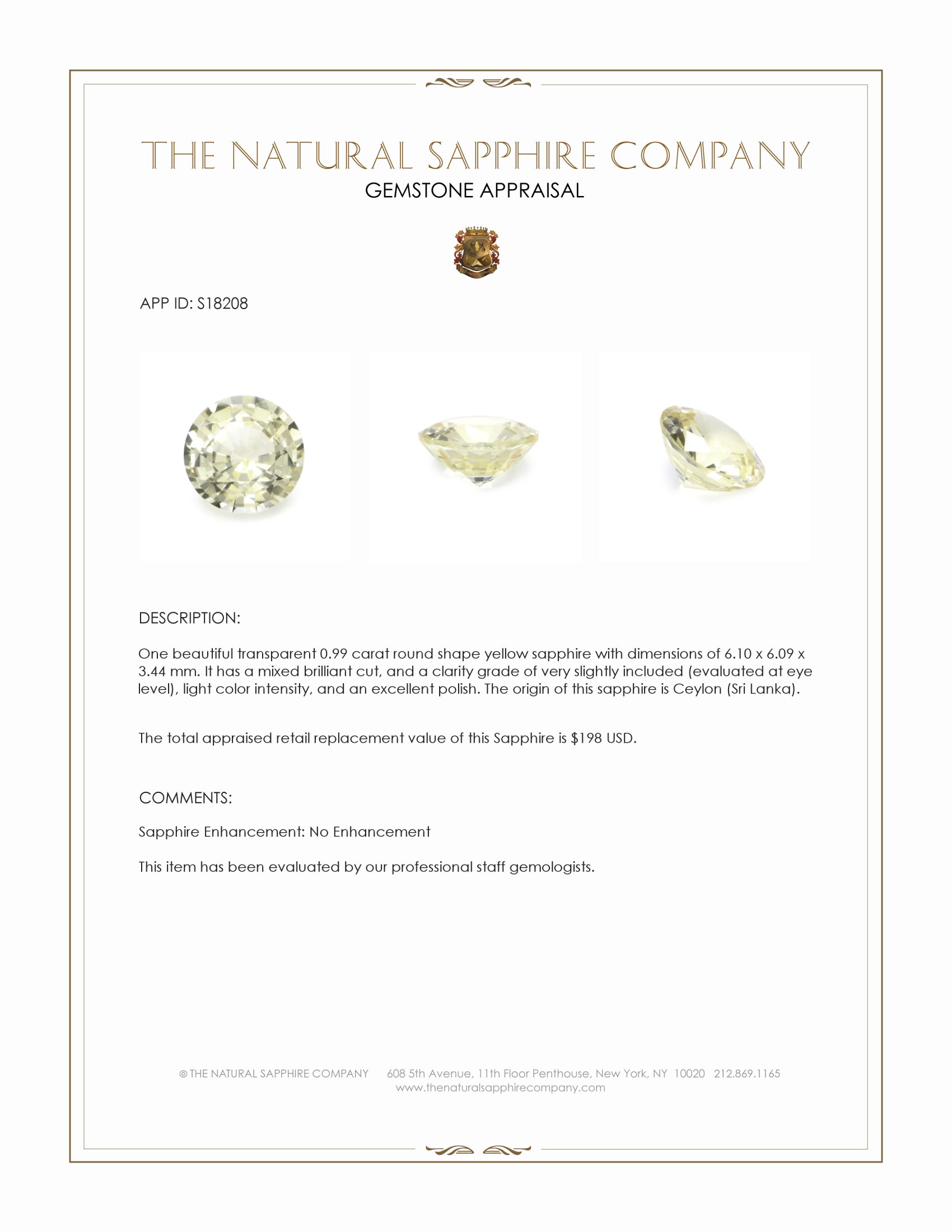 0.99 Ct. Yellow Sapphire from Ceylon (Sri Lanka)