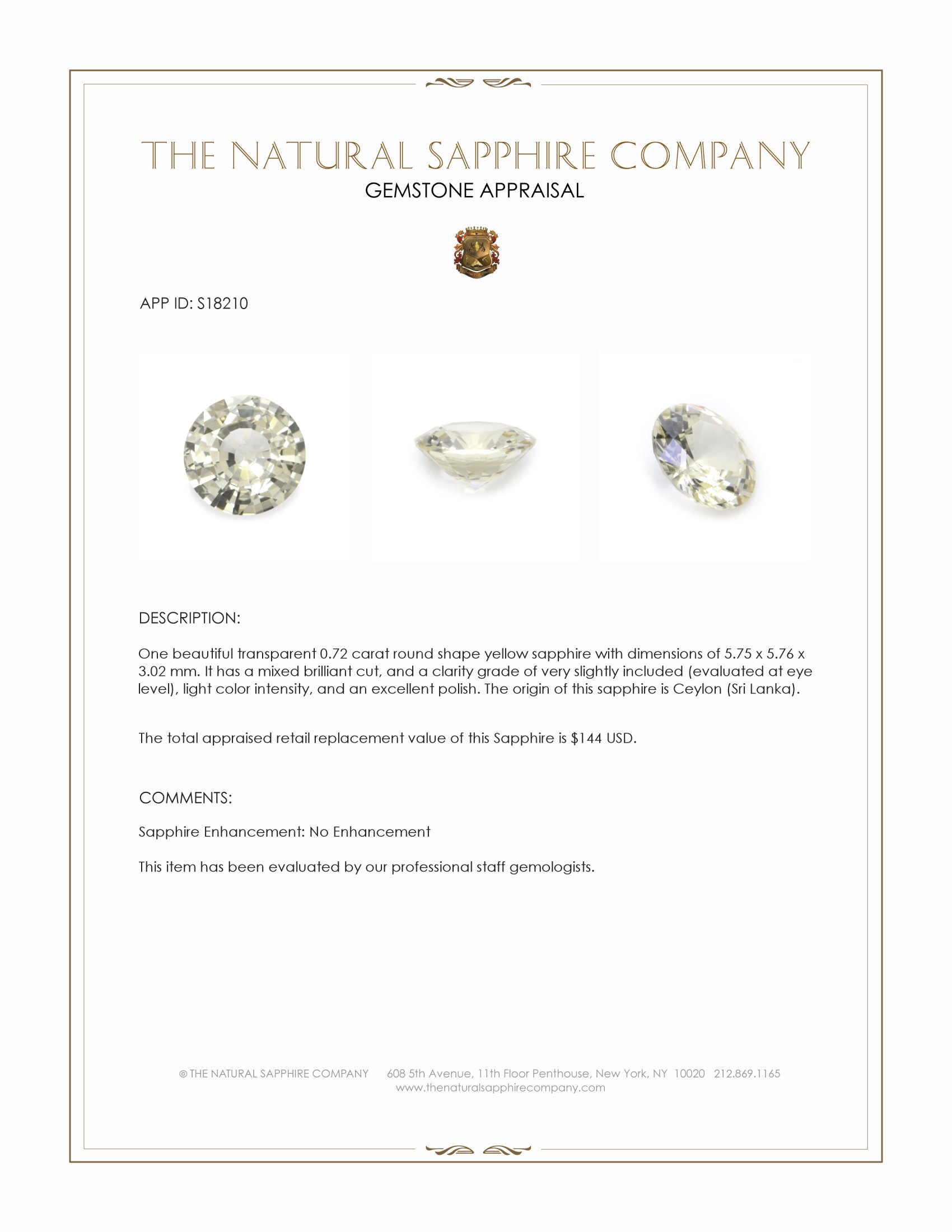 0.72 Ct. Yellow Sapphire from Ceylon (Sri Lanka)