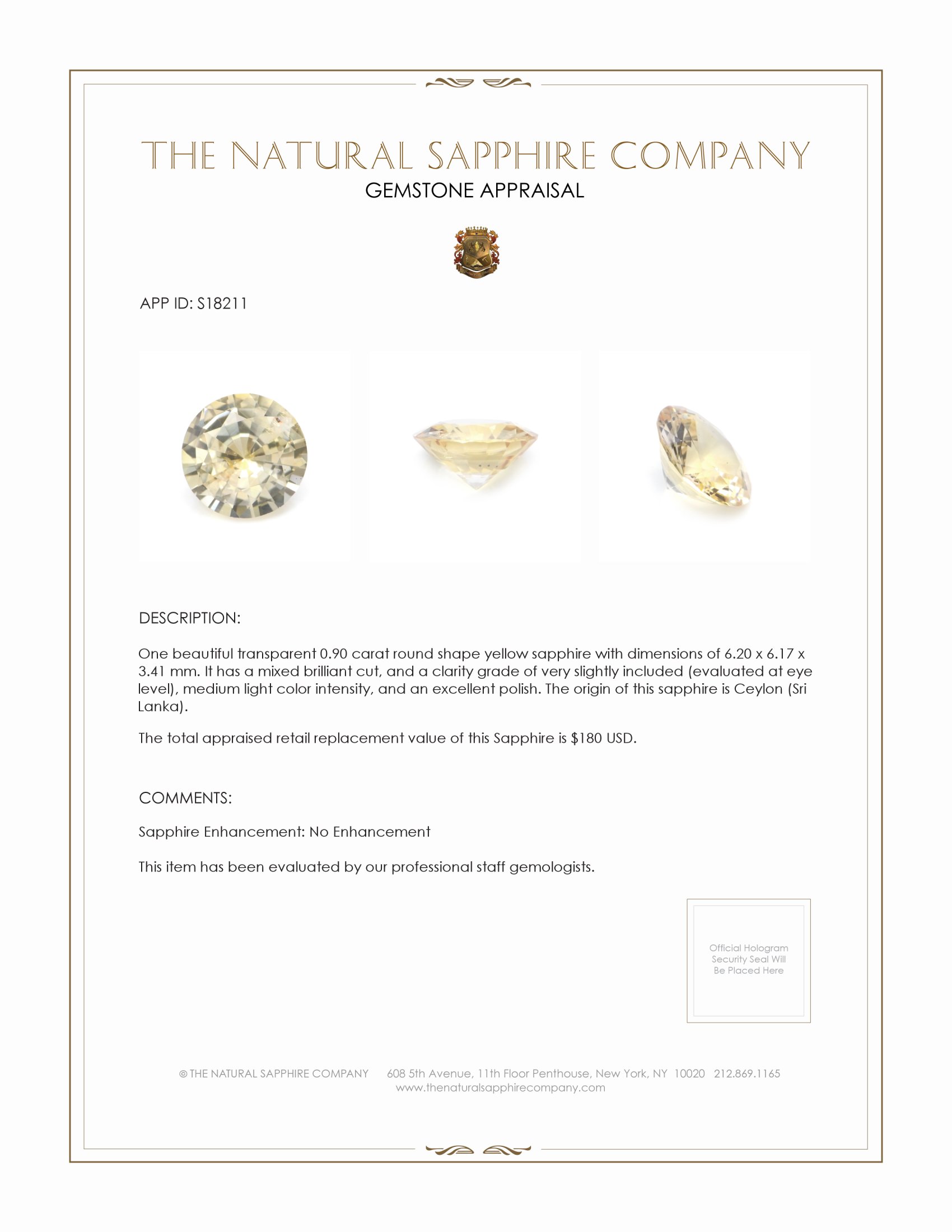 0.90 Ct. Yellow Sapphire from Ceylon (Sri Lanka)