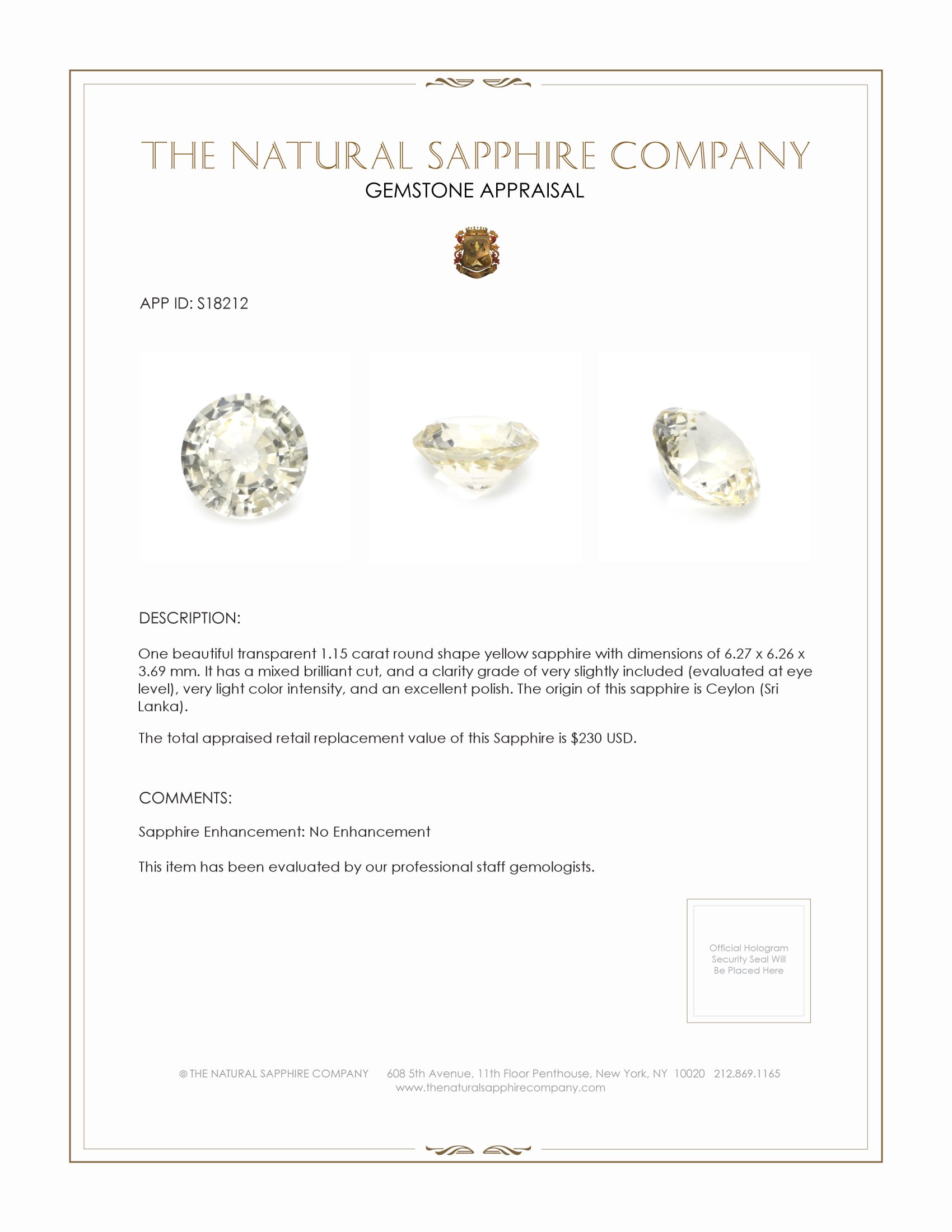 1.15 Ct. Yellow Sapphire from Ceylon (Sri Lanka)