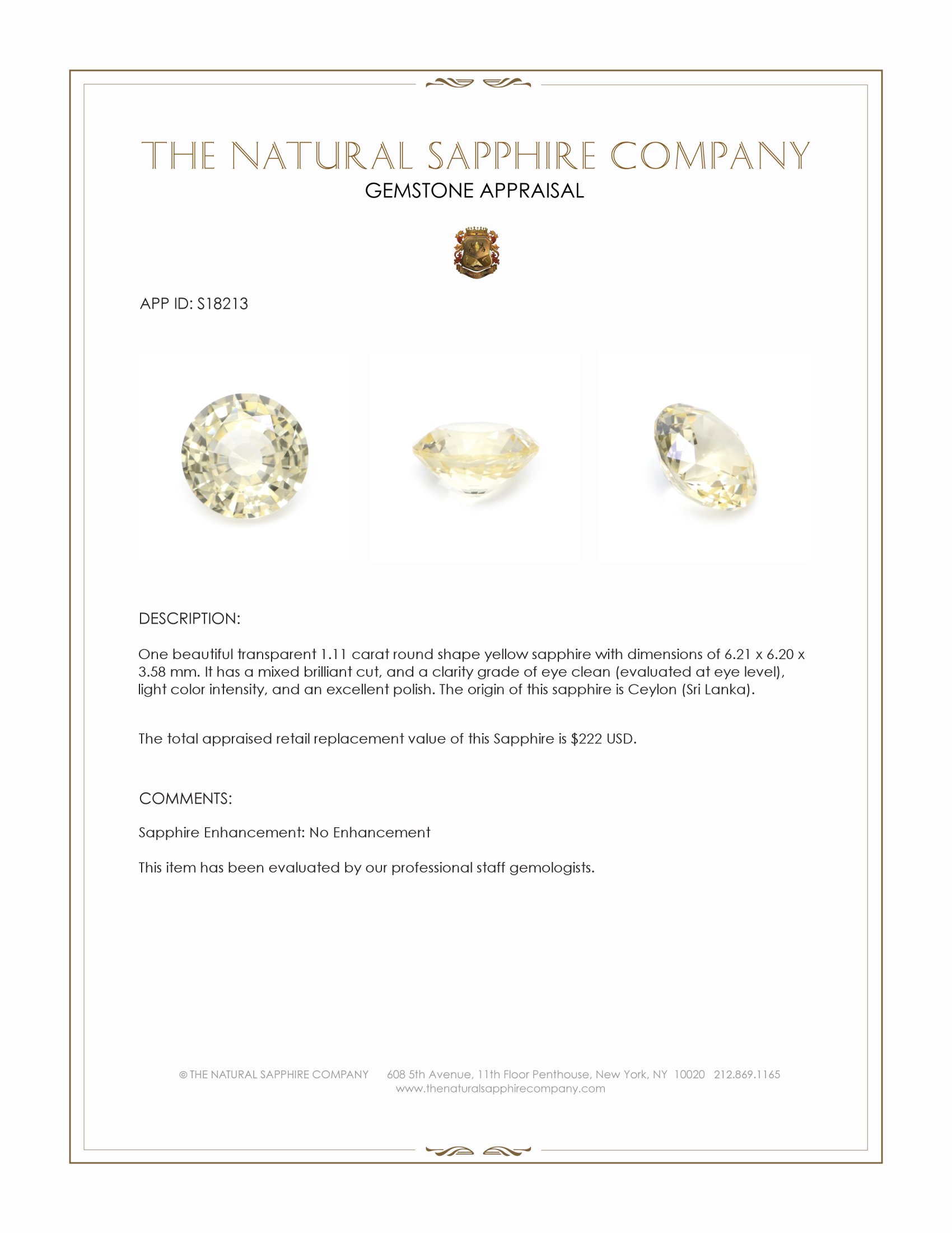 1.11 Ct. Yellow Sapphire from Ceylon (Sri Lanka)