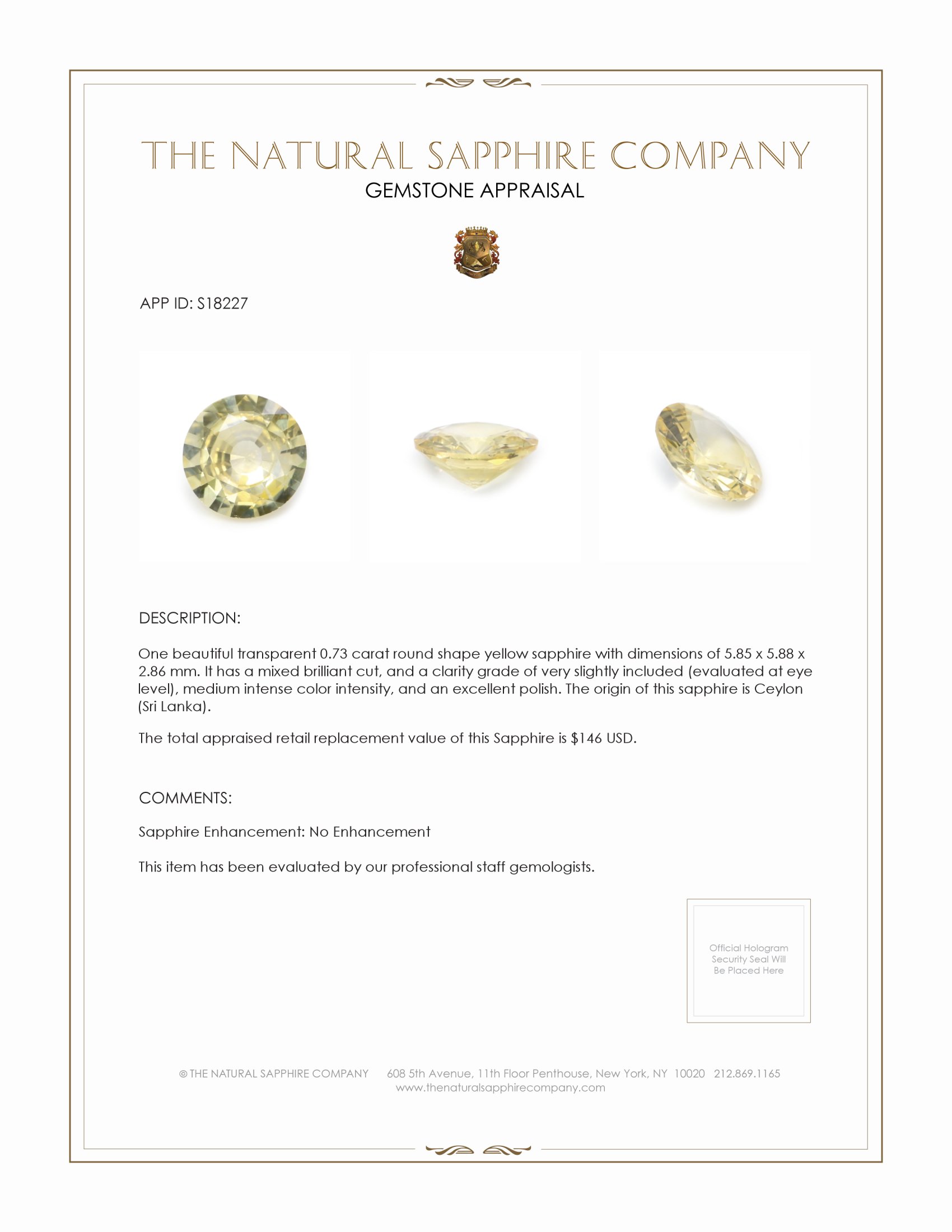 0.73 Ct. Yellow Sapphire from Ceylon (Sri Lanka)
