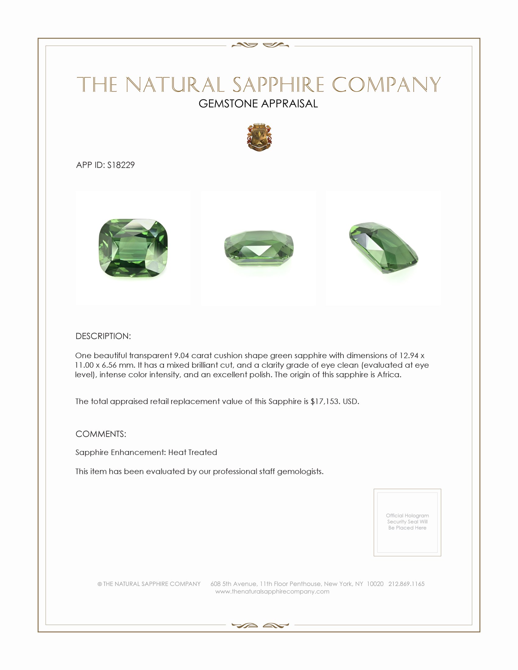 9.04 Ct. Green Sapphire from Africa