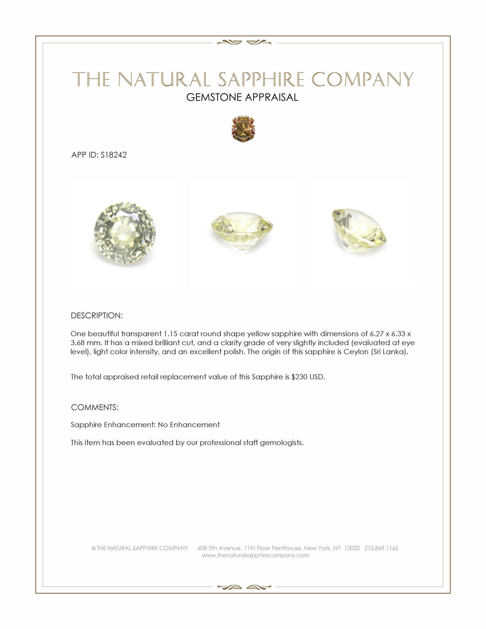 1.15 Ct. Yellow Sapphire from Ceylon (Sri Lanka)