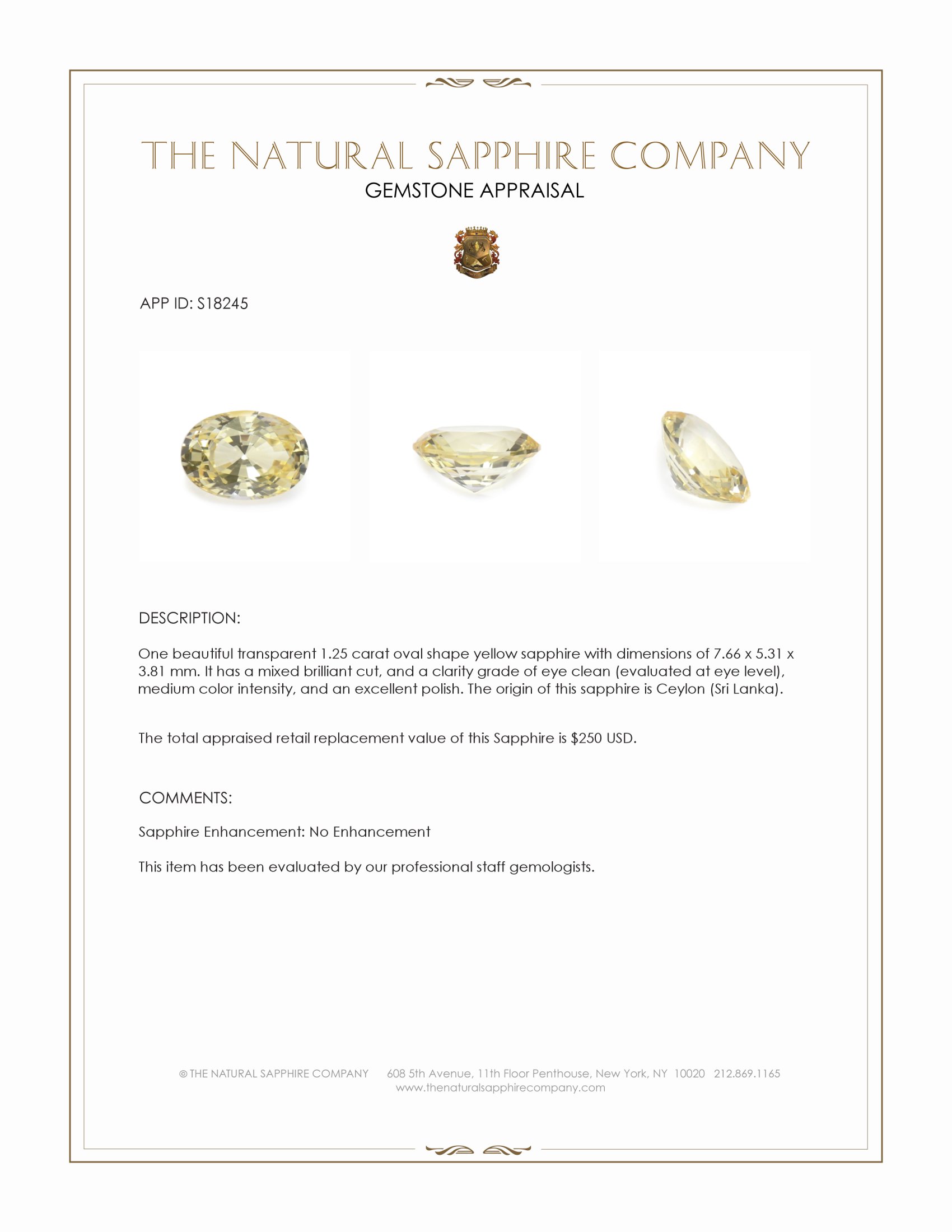 1.25 Ct. Yellow Sapphire from Ceylon (Sri Lanka)