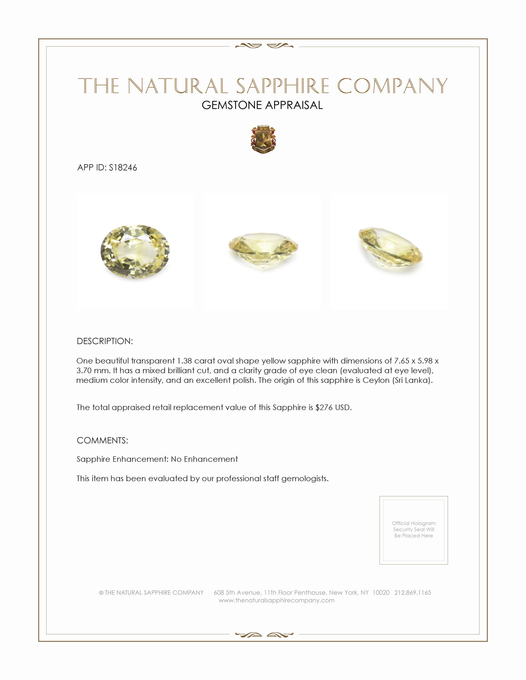 1.38 Ct. Yellow Sapphire from Ceylon (Sri Lanka)