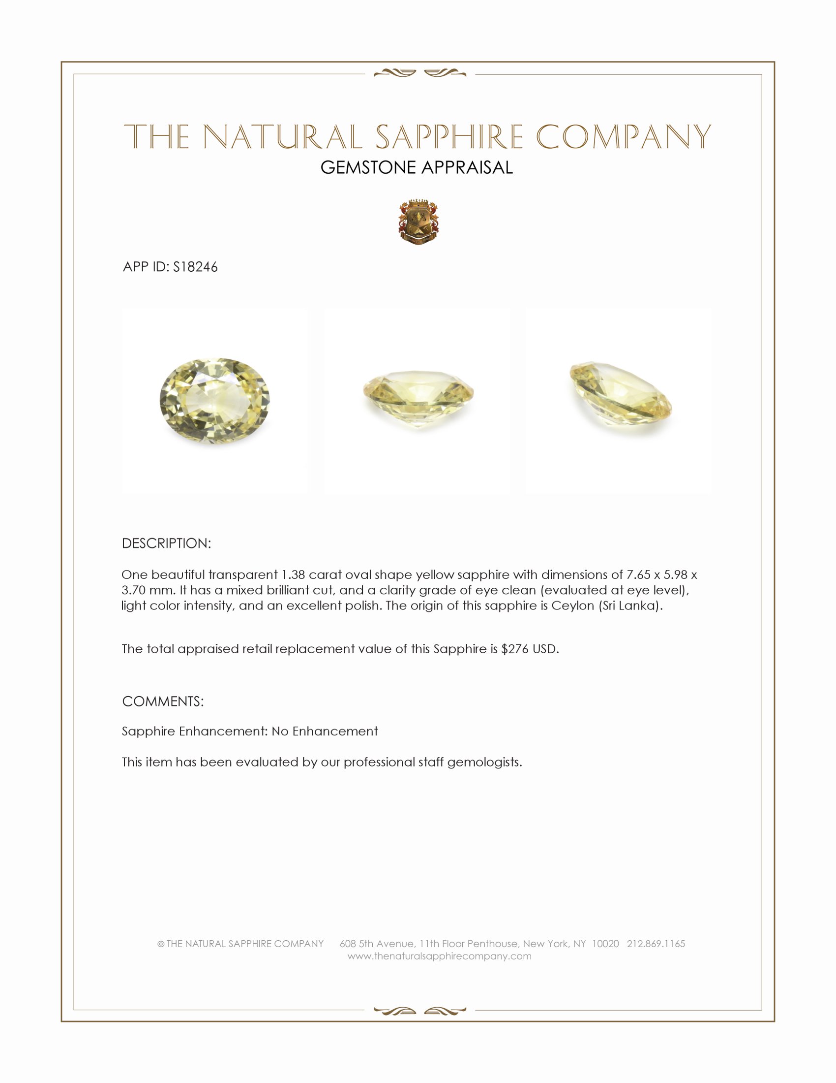 1.38 Ct. Yellow Sapphire from Ceylon (Sri Lanka)