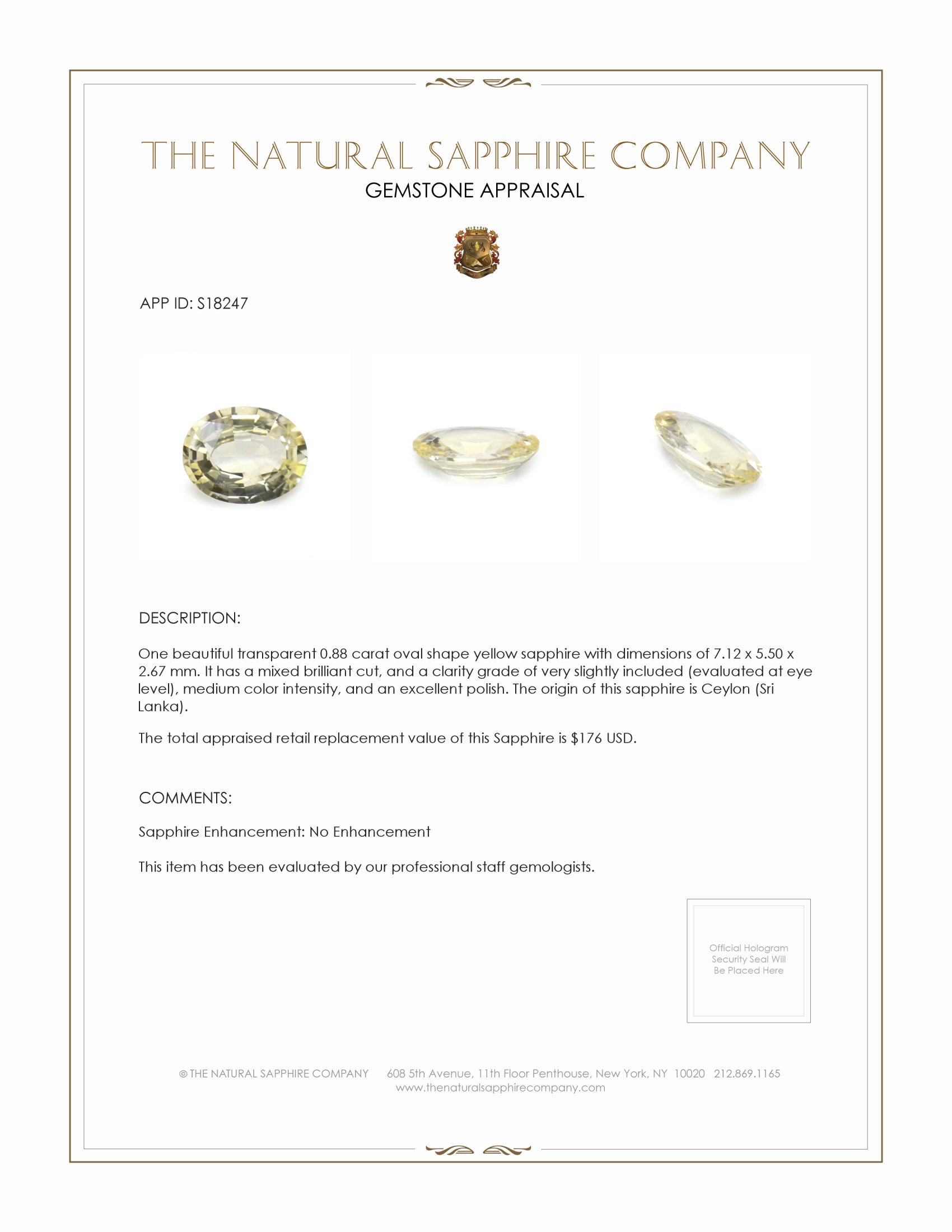0.88 Ct. Yellow Sapphire from Ceylon (Sri Lanka)