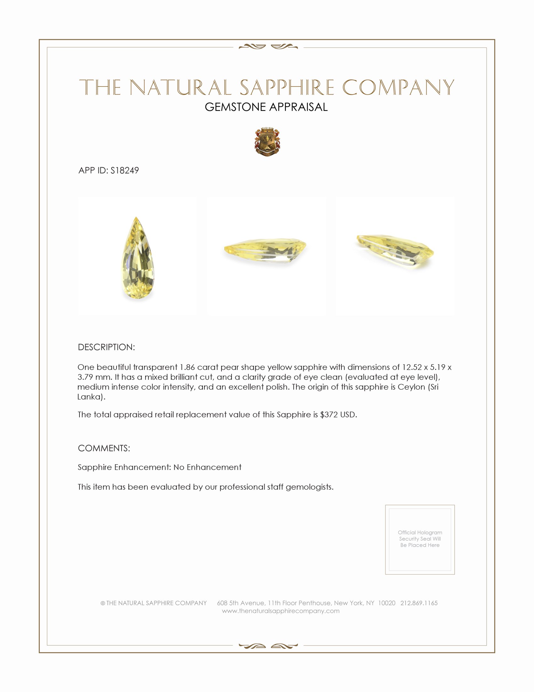 1.86 Ct. Yellow Sapphire from Ceylon (Sri Lanka)