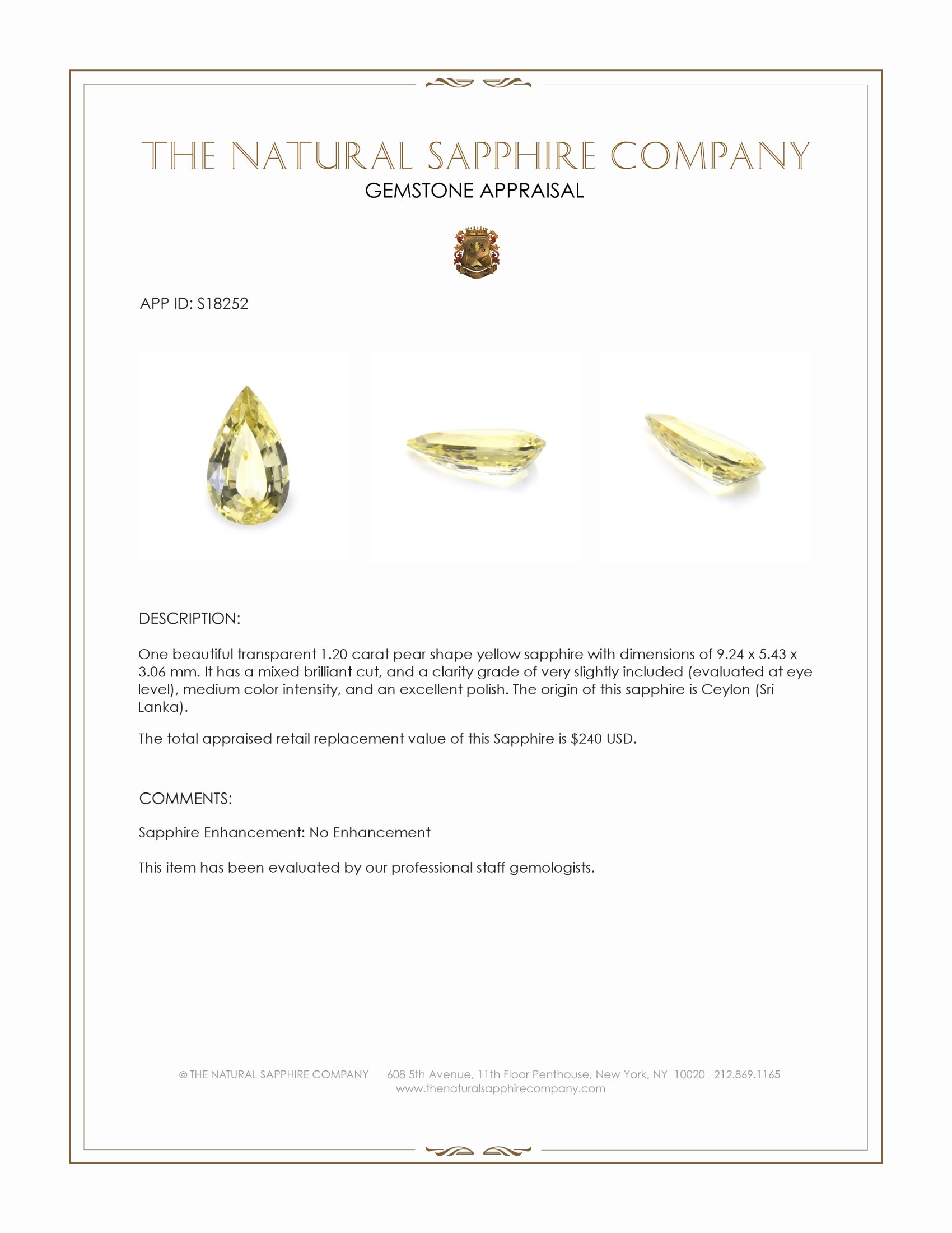 1.20 Ct. Yellow Sapphire from Ceylon (Sri Lanka)