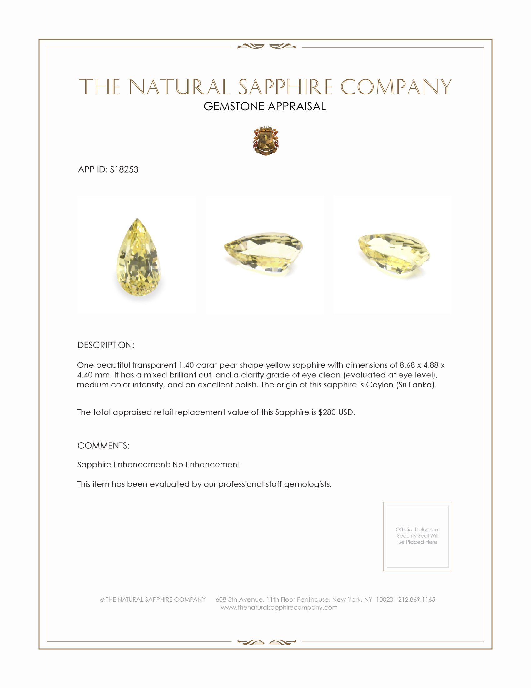 1.40 Ct. Yellow Sapphire from Ceylon (Sri Lanka)