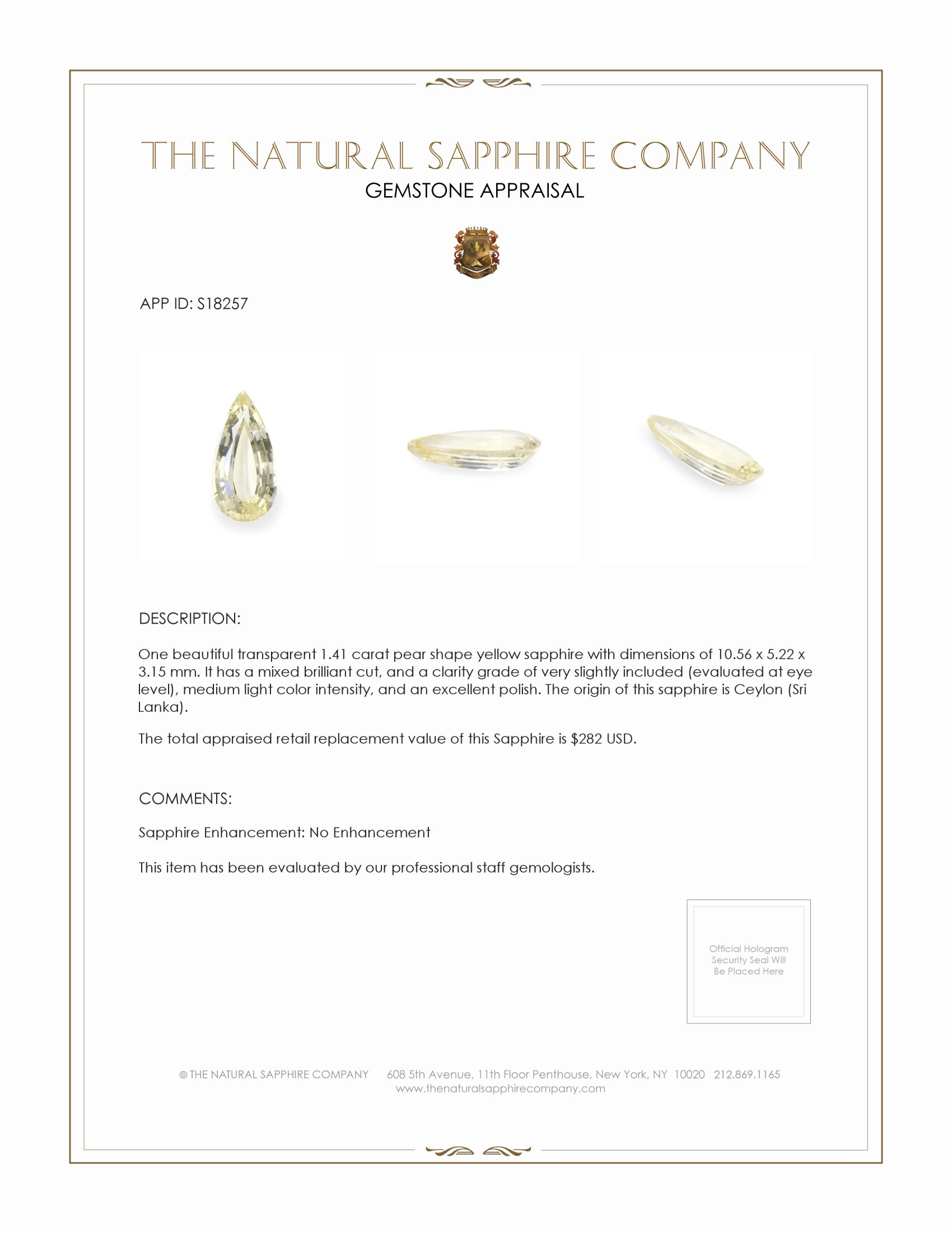 1.41 Ct. Yellow Sapphire from Ceylon (Sri Lanka)