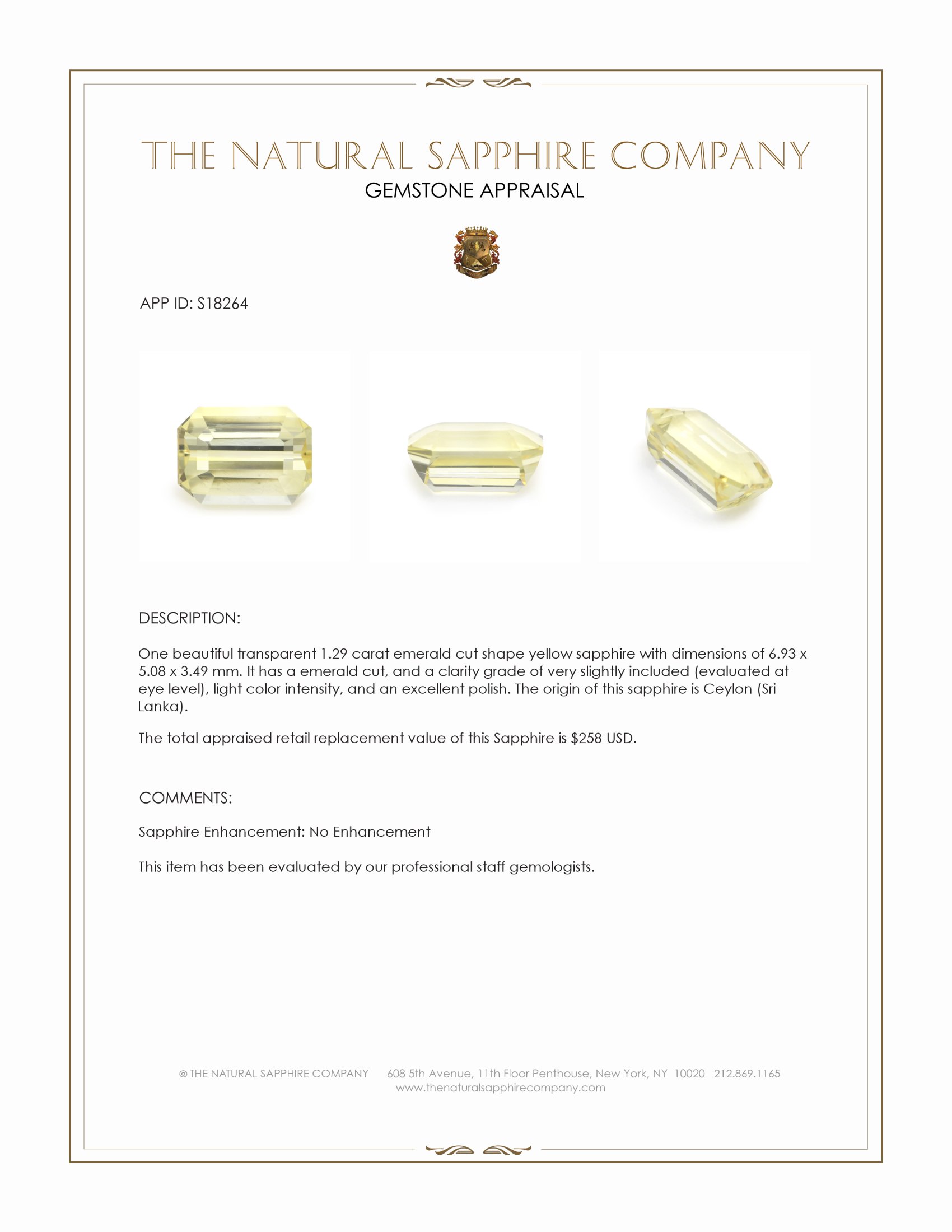 1.29 Ct. Yellow Sapphire from Ceylon (Sri Lanka)